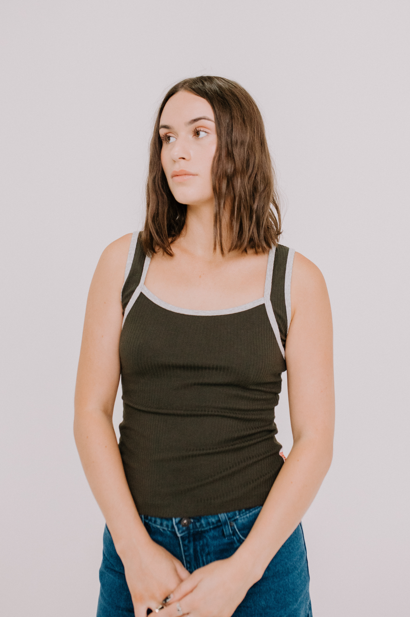 Annie - Juni Ribbed Contrast Tank - Khaki/Grey