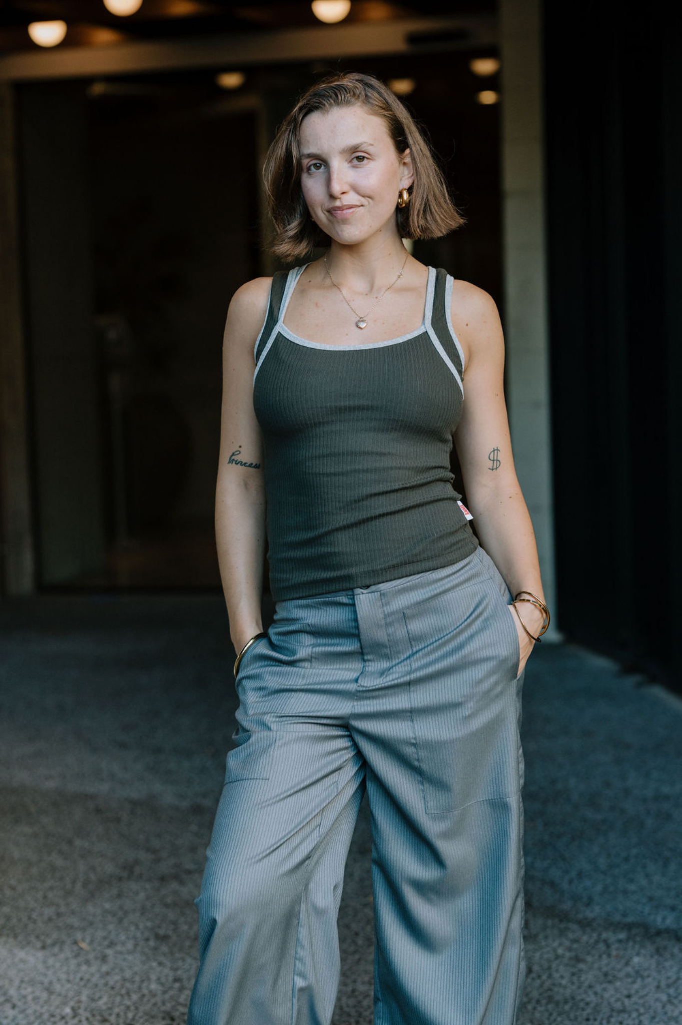 Annie - Juni Ribbed Contrast Tank - Khaki/Grey