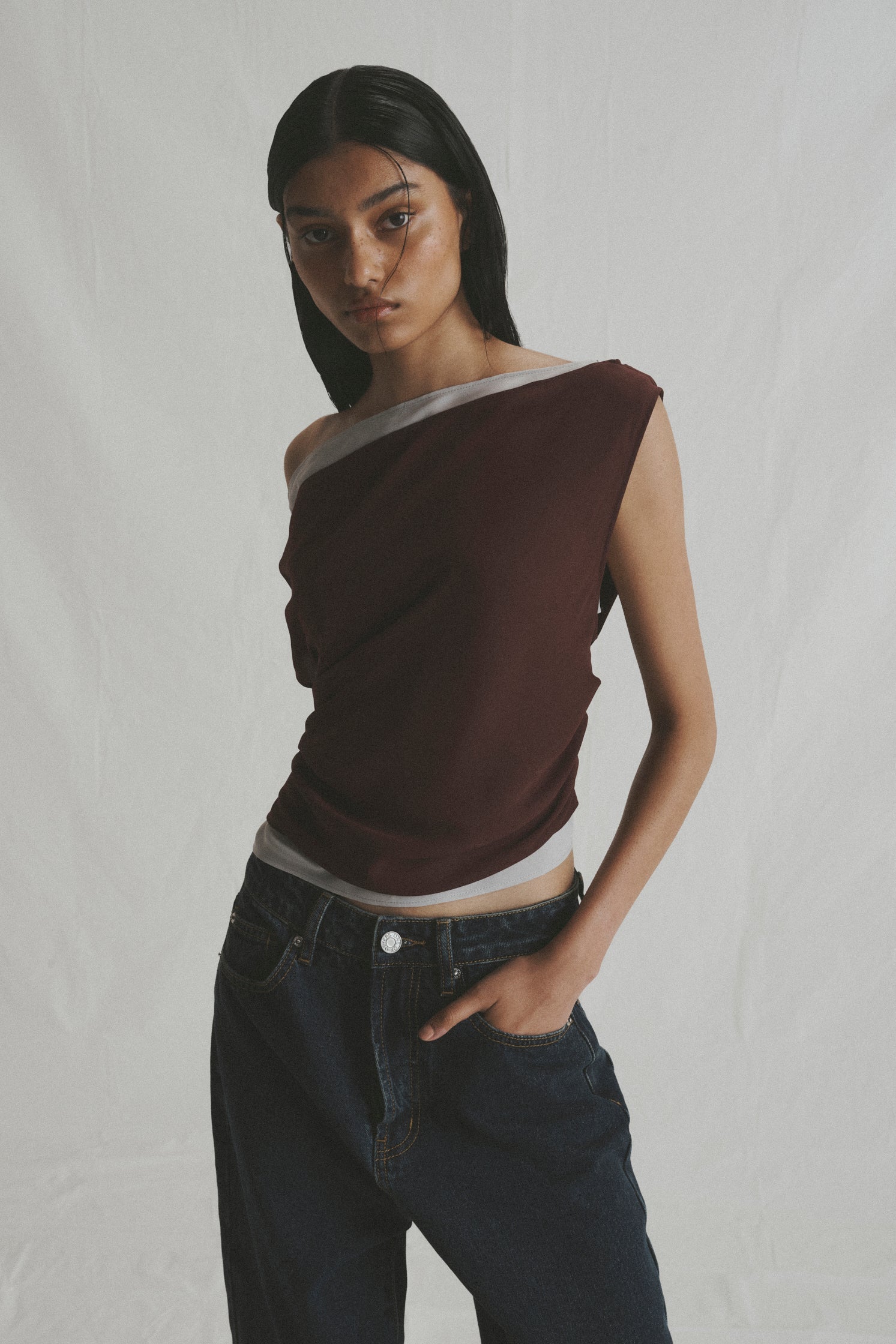 One of Others - Bardot Top - Merlot/Silver