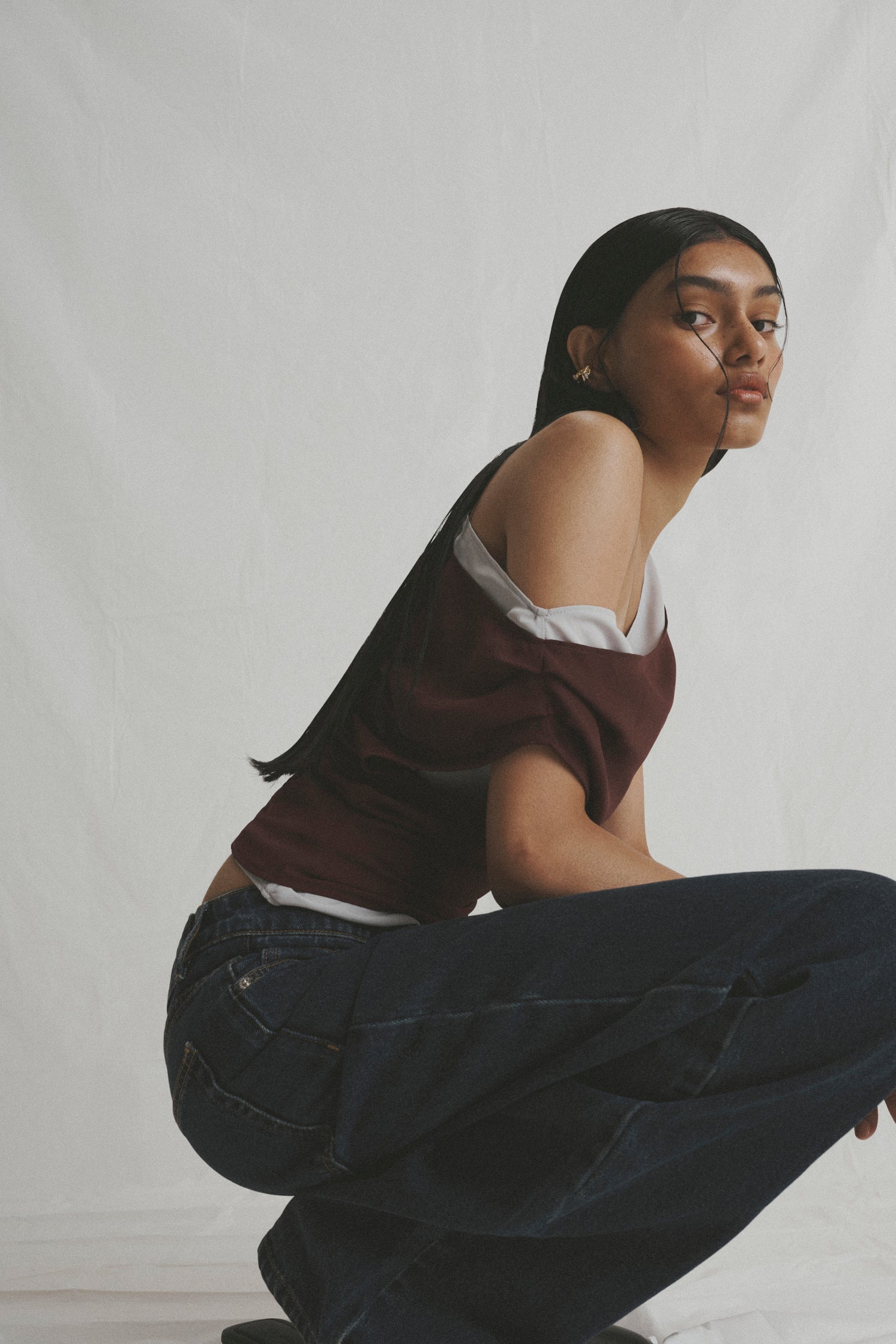 One of Others - Bardot Top - Merlot/Silver