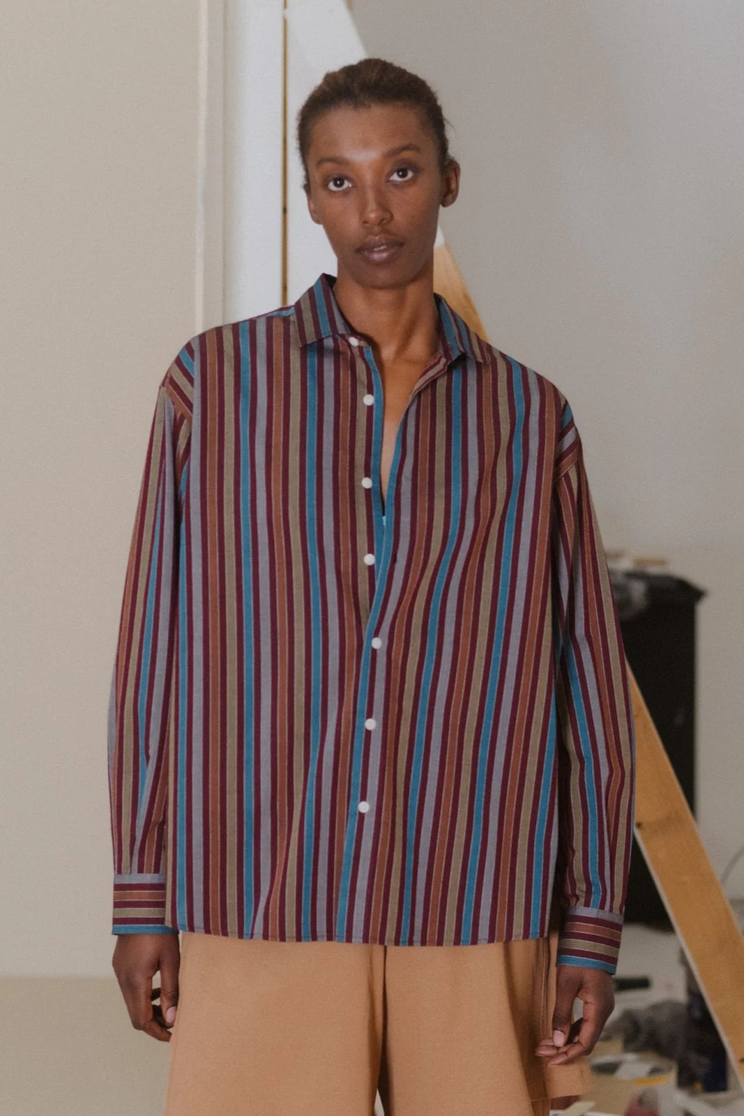 Baserange - Claude Shirt - Organic Cotton Poplin - Maroon Stripe