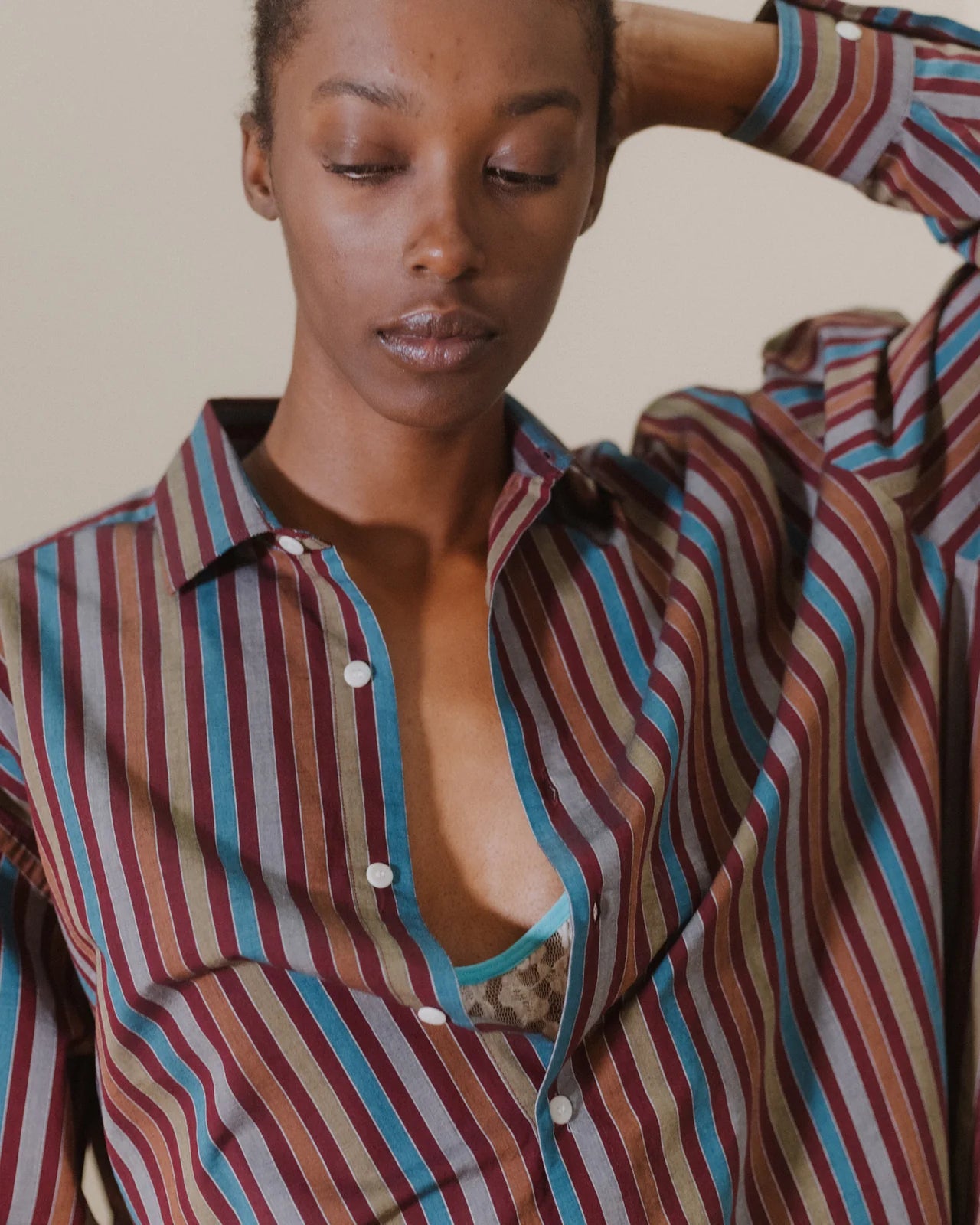 Baserange - Claude Shirt - Organic Cotton Poplin - Maroon Stripe
