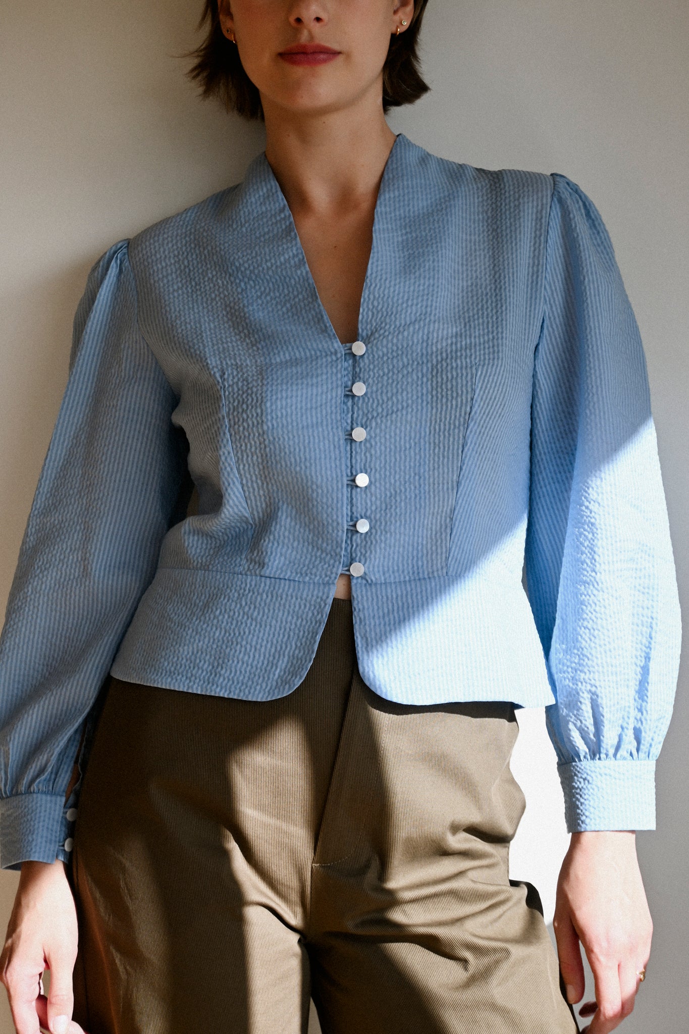 ANNIE - Juliet Blouse - Pale Blue Seersucker