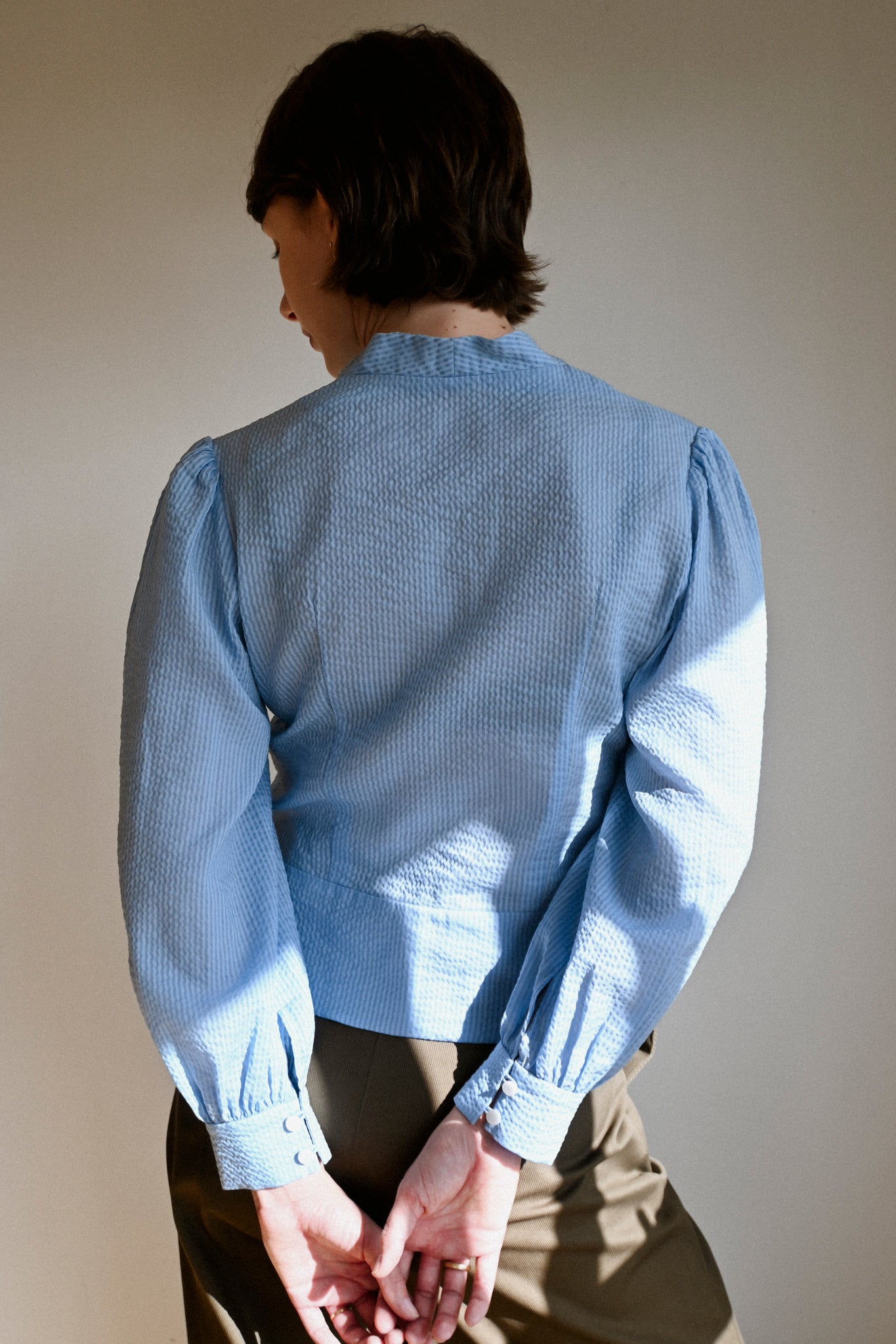 ANNIE - Juliet Blouse - Pale Blue Seersucker