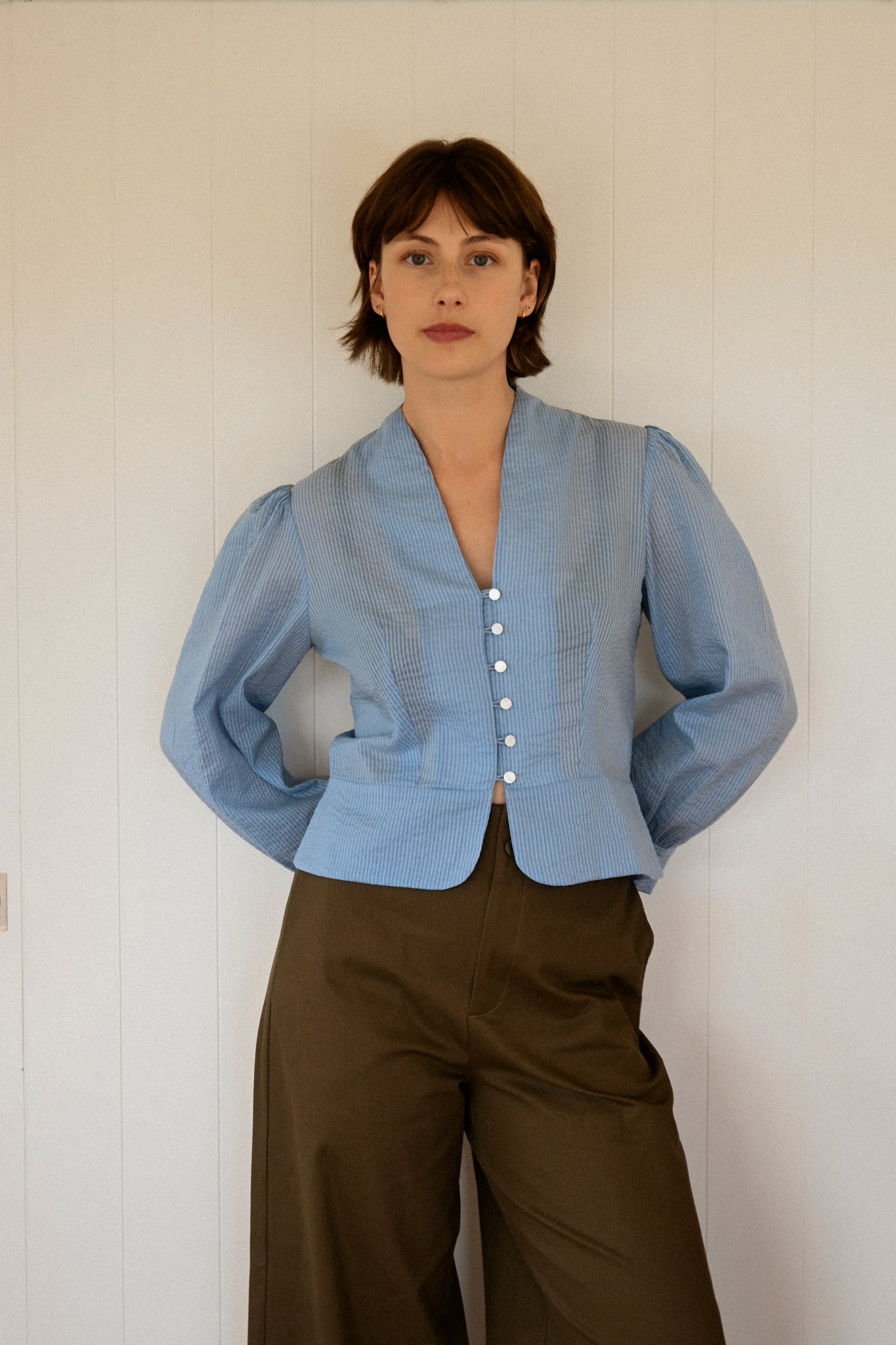 ANNIE - Juliet Blouse - Pale Blue Seersucker