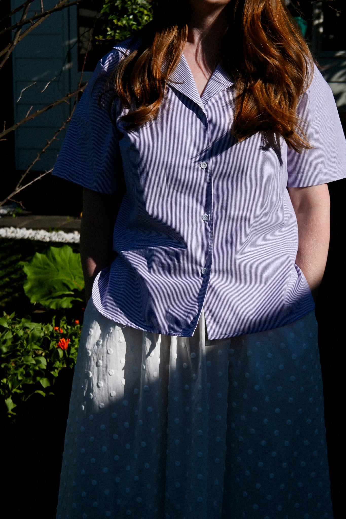 ANNIE - Fold Blouse - Lavender Pinstripe