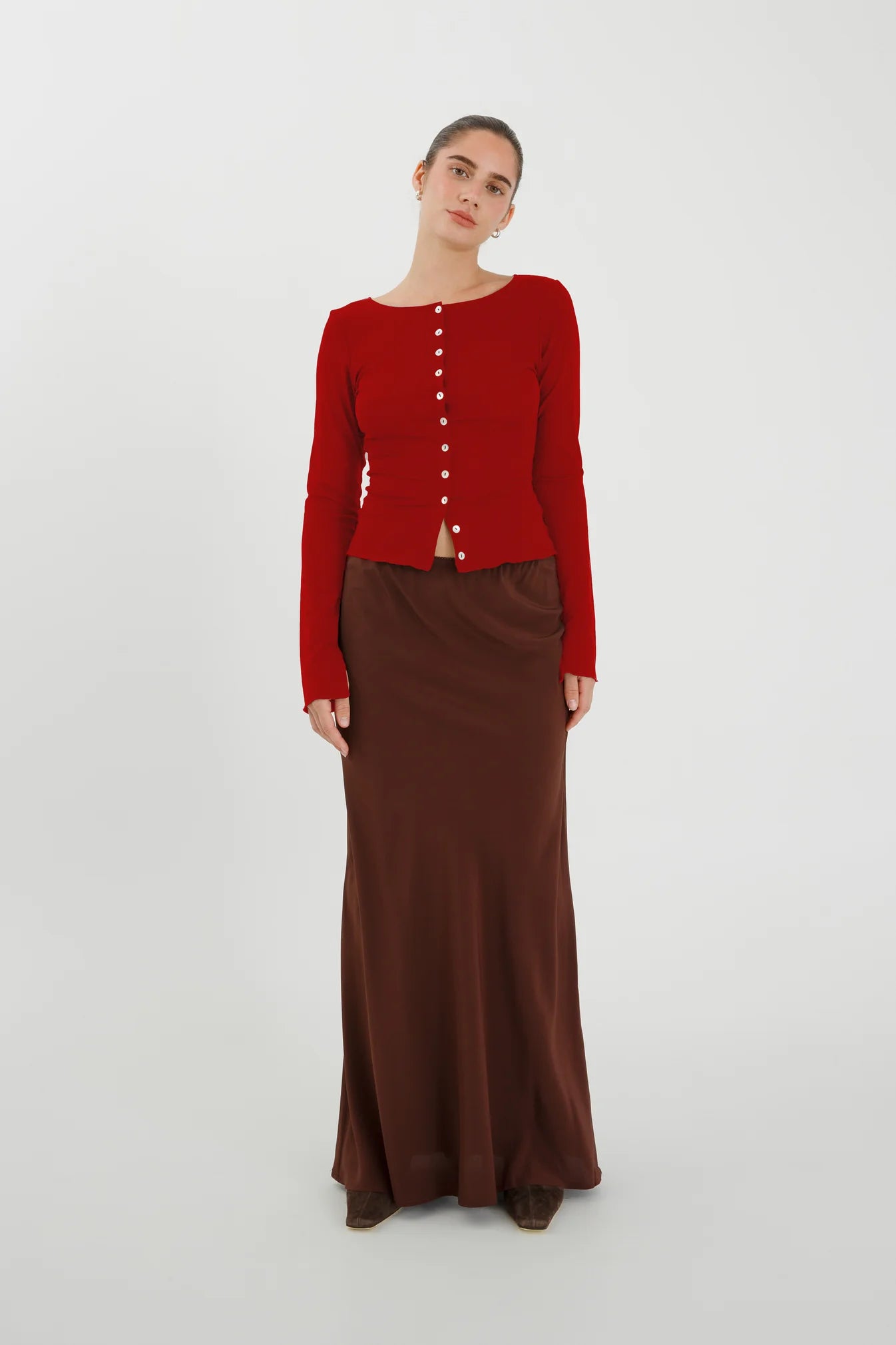 Olga Joan - Button-Through Long Sleeve Top - Rossa