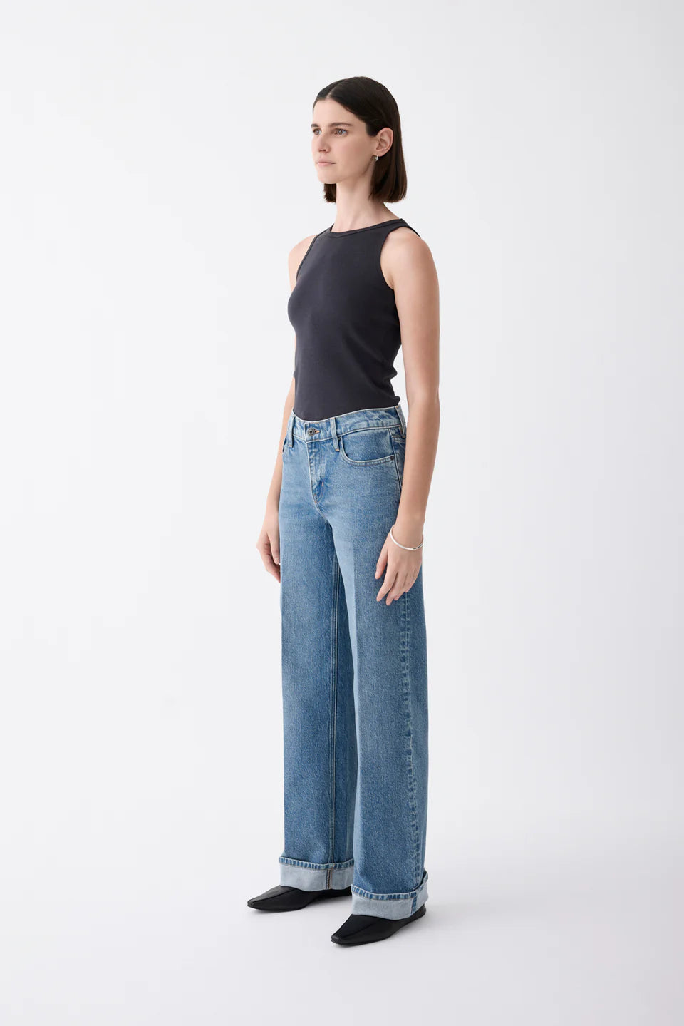 Outland Denim - Mia Cuffed Mid Wide Long Jean - Meridian Mid Blue
