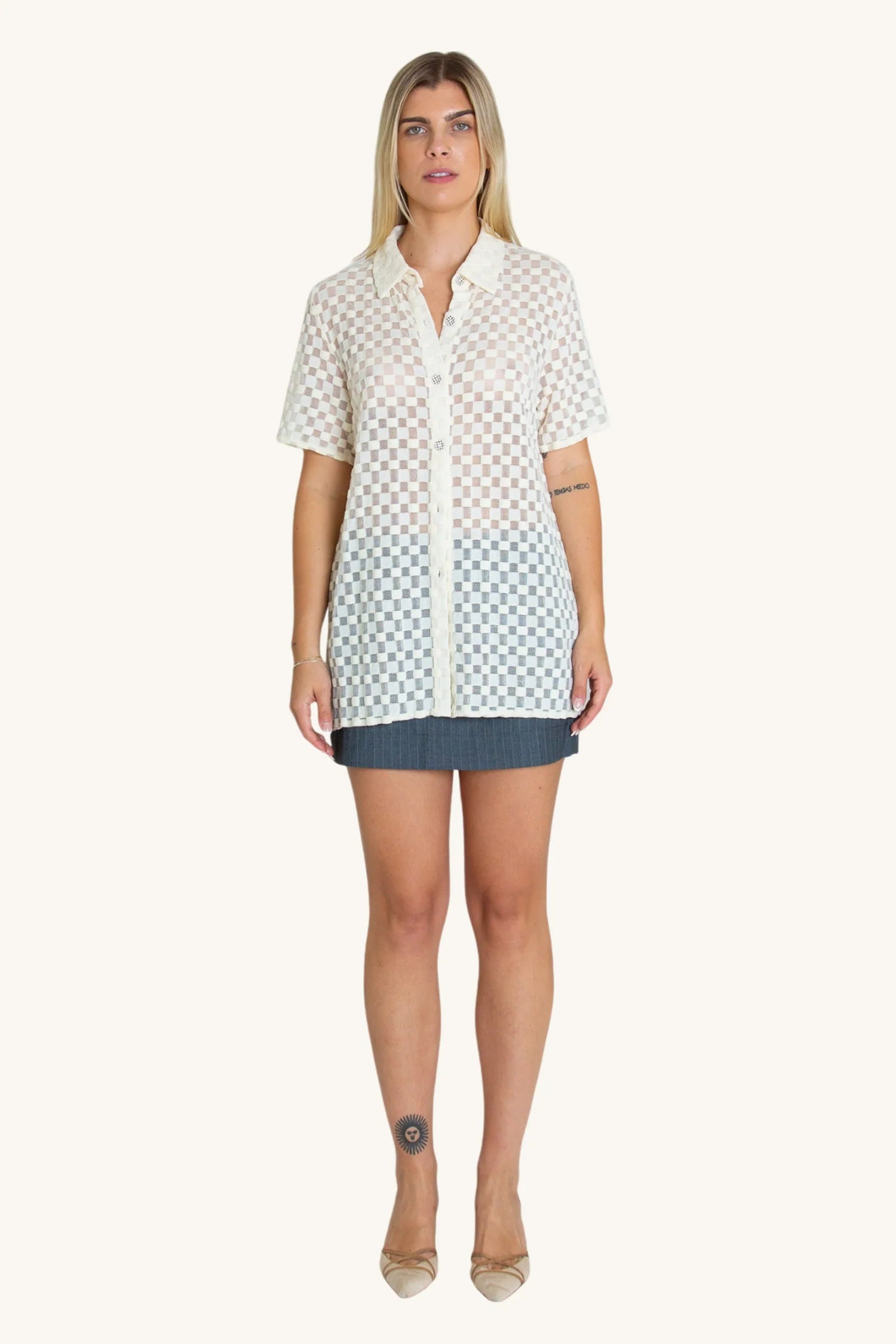 LAST ONE | Find Me Now - Harmony Checkered Mesh Button Down - White Noise