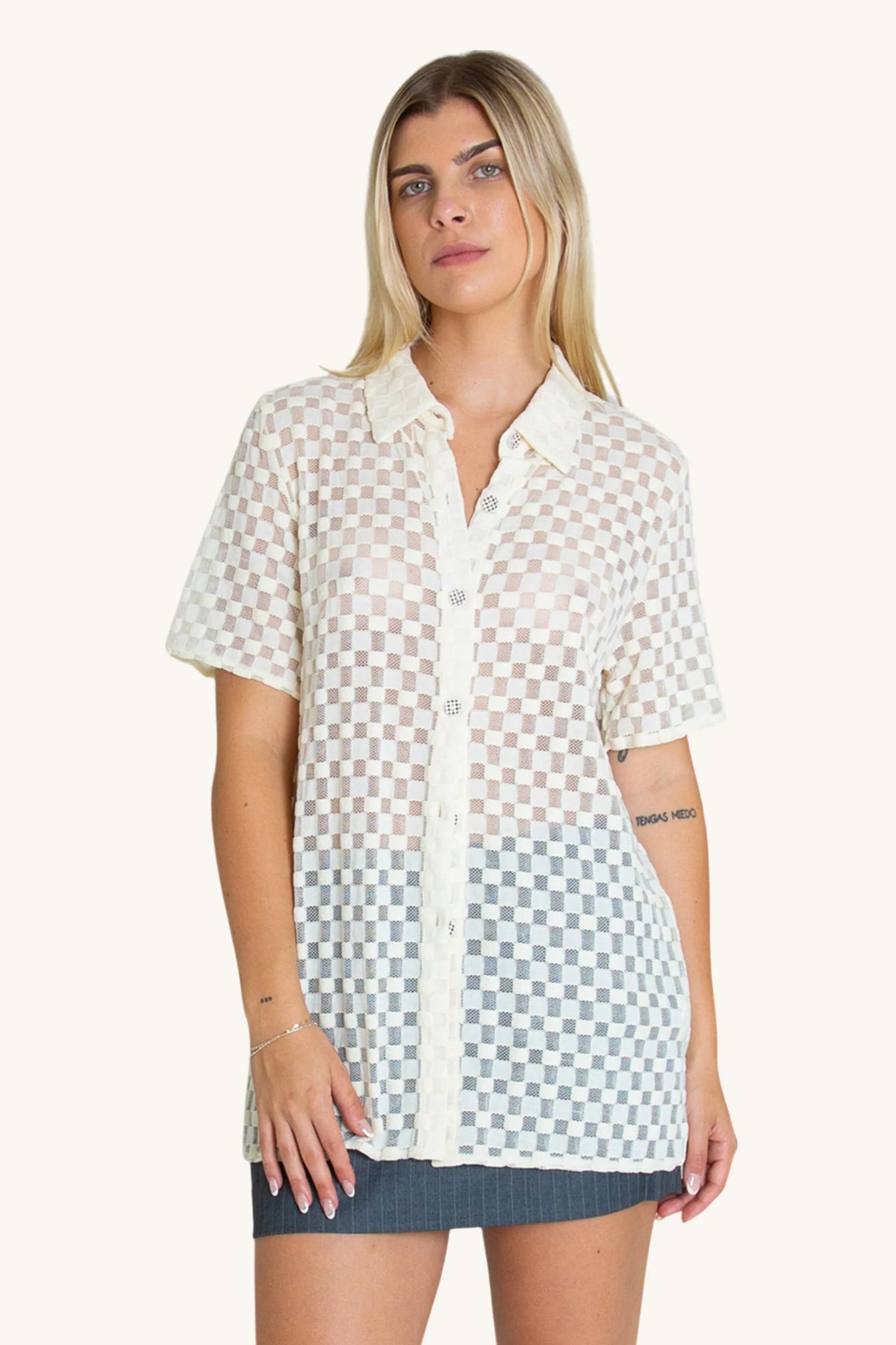 LAST ONE | Find Me Now - Harmony Checkered Mesh Button Down - White Noise
