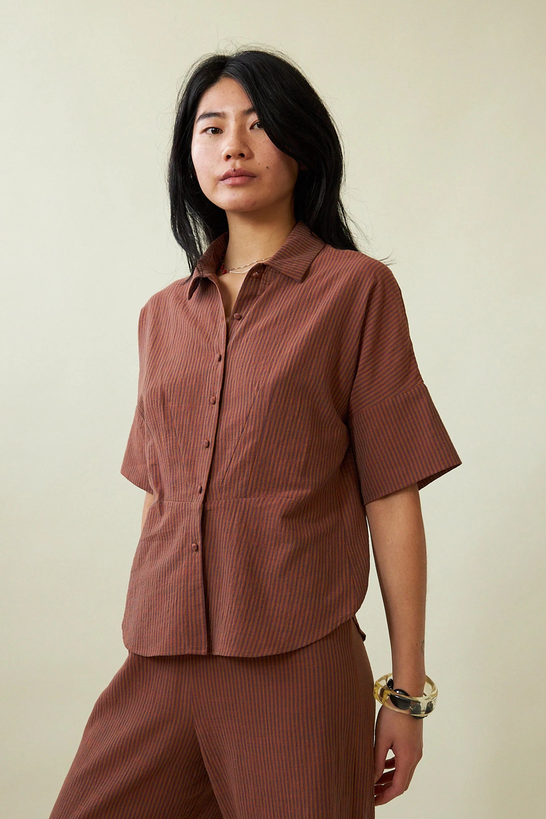 Penny Sage - Beachy Shirt - Fig & Cinnamon Stripe