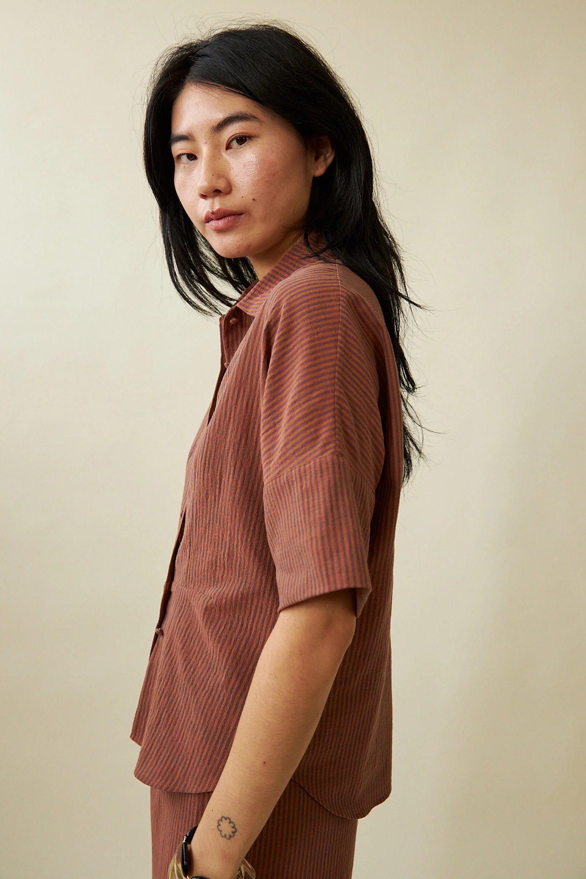Penny Sage - Beachy Shirt - Fig & Cinnamon Stripe