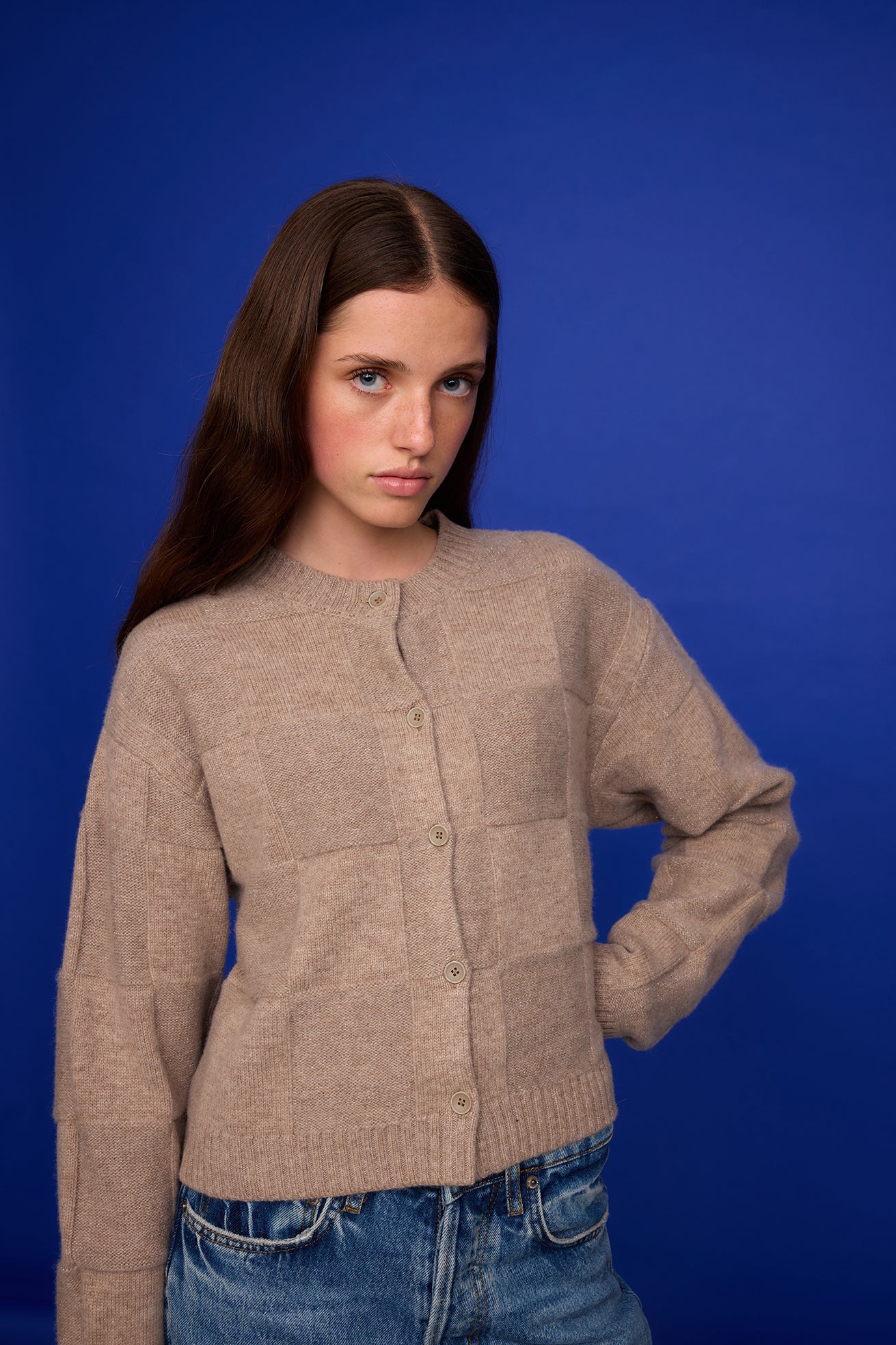 Pharlain - Squares Cardi - Latte Sparkle