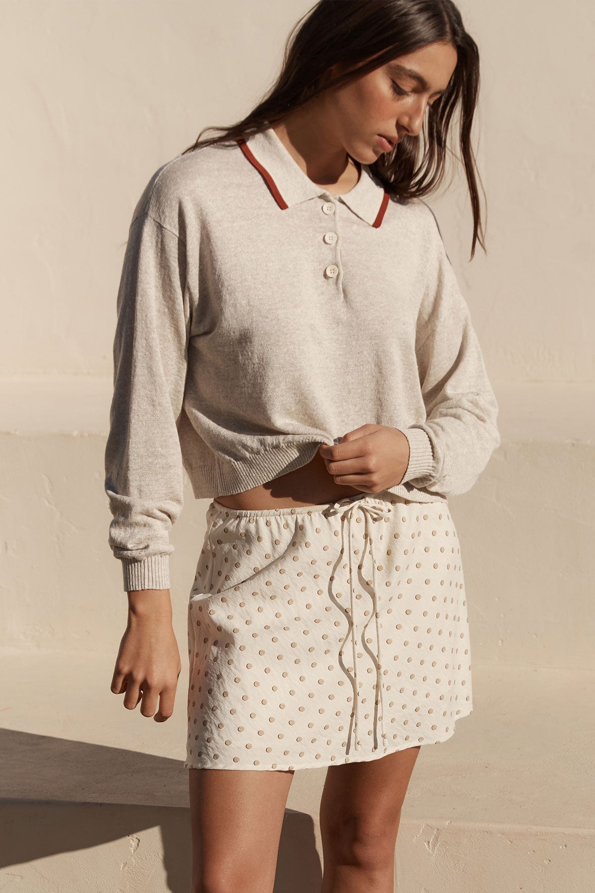 Rowie - Uma Linen Knit Polo Top - Oat Marle