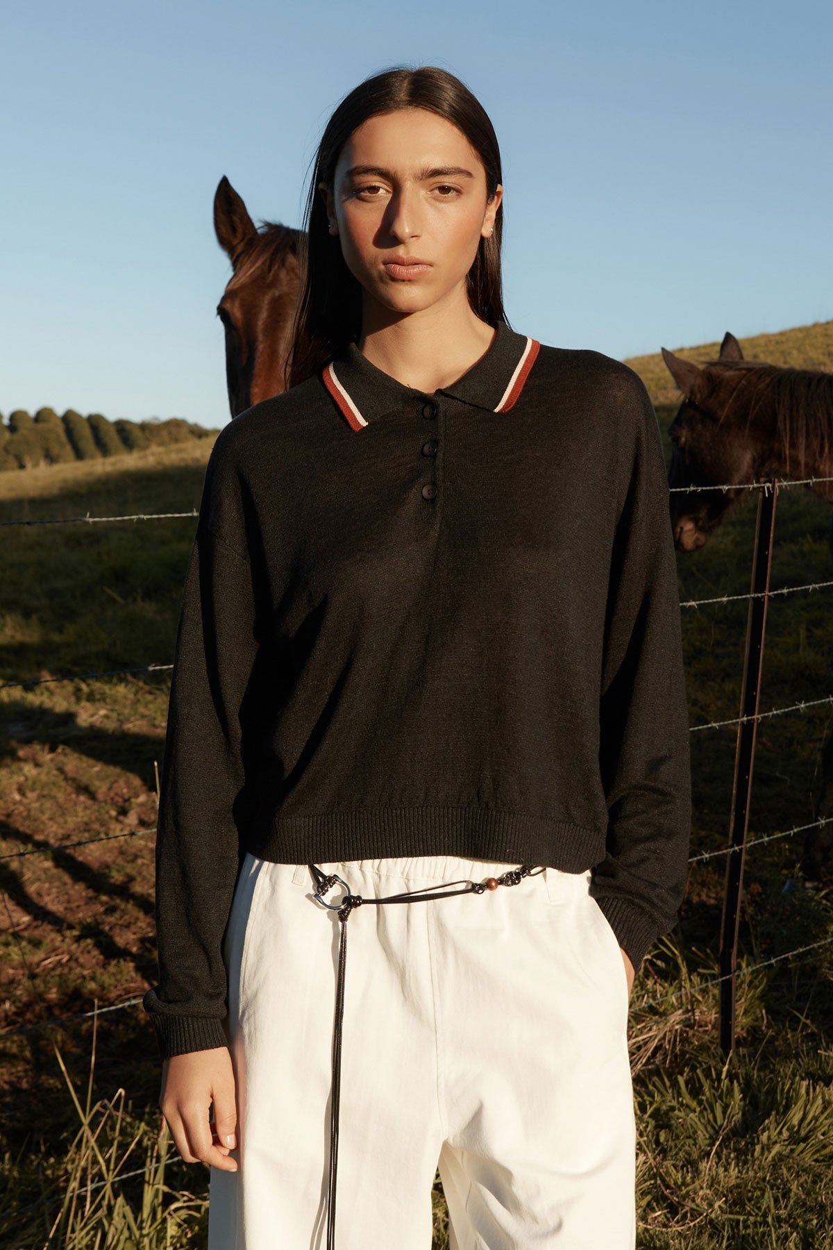 Rowie - Uma Linen Knit Polo Top - Noir
