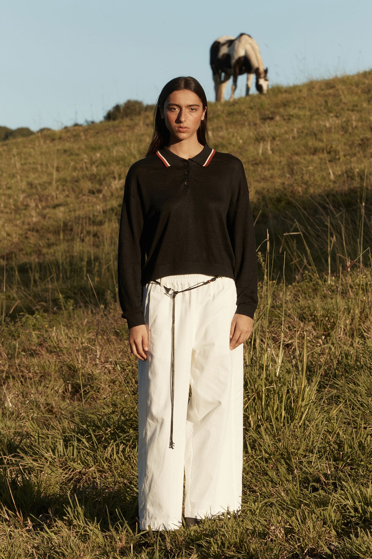 Rowie - Uma Linen Knit Polo Top - Noir