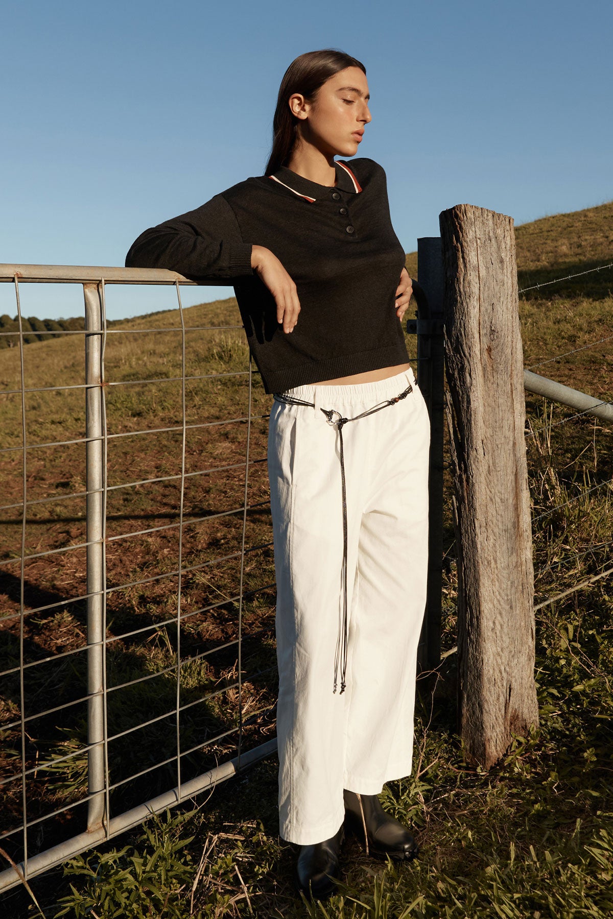 Rowie - Uma Linen Knit Polo Top - Noir