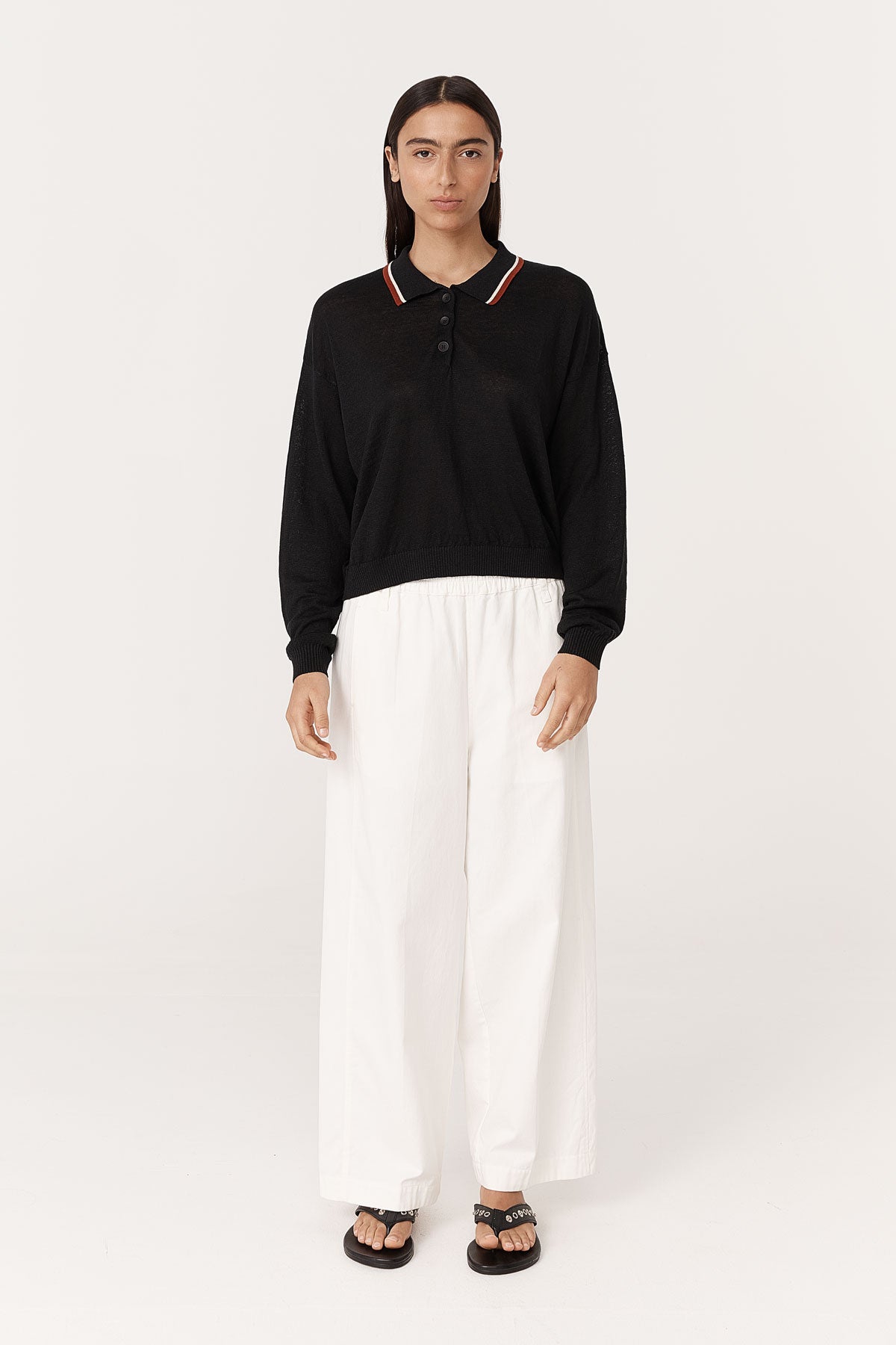 Rowie - Uma Linen Knit Polo Top - Noir