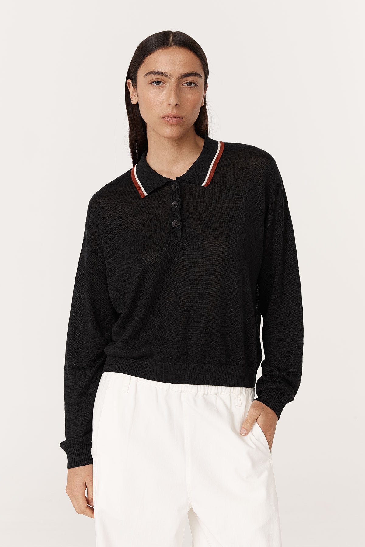 Rowie - Uma Linen Knit Polo Top - Noir