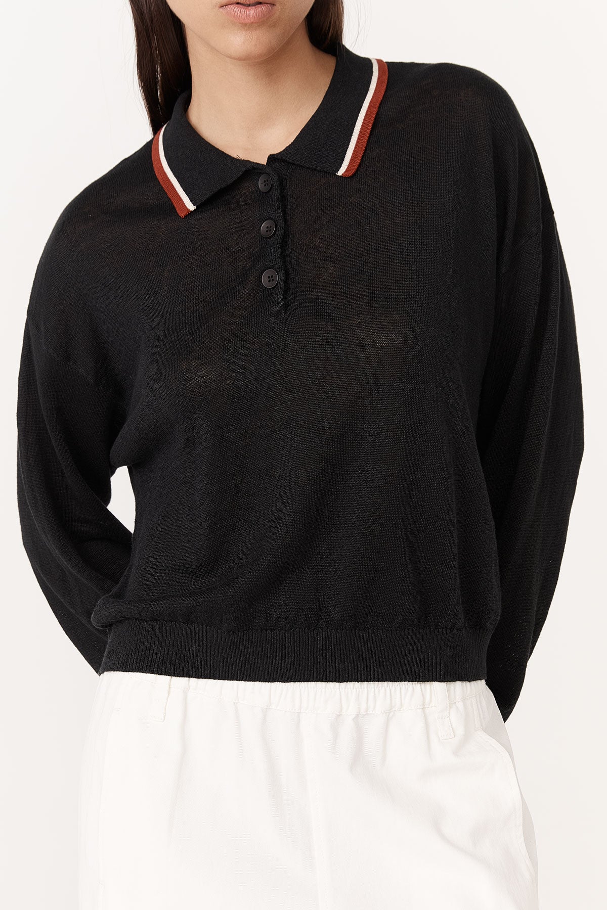 Rowie - Uma Linen Knit Polo Top - Noir