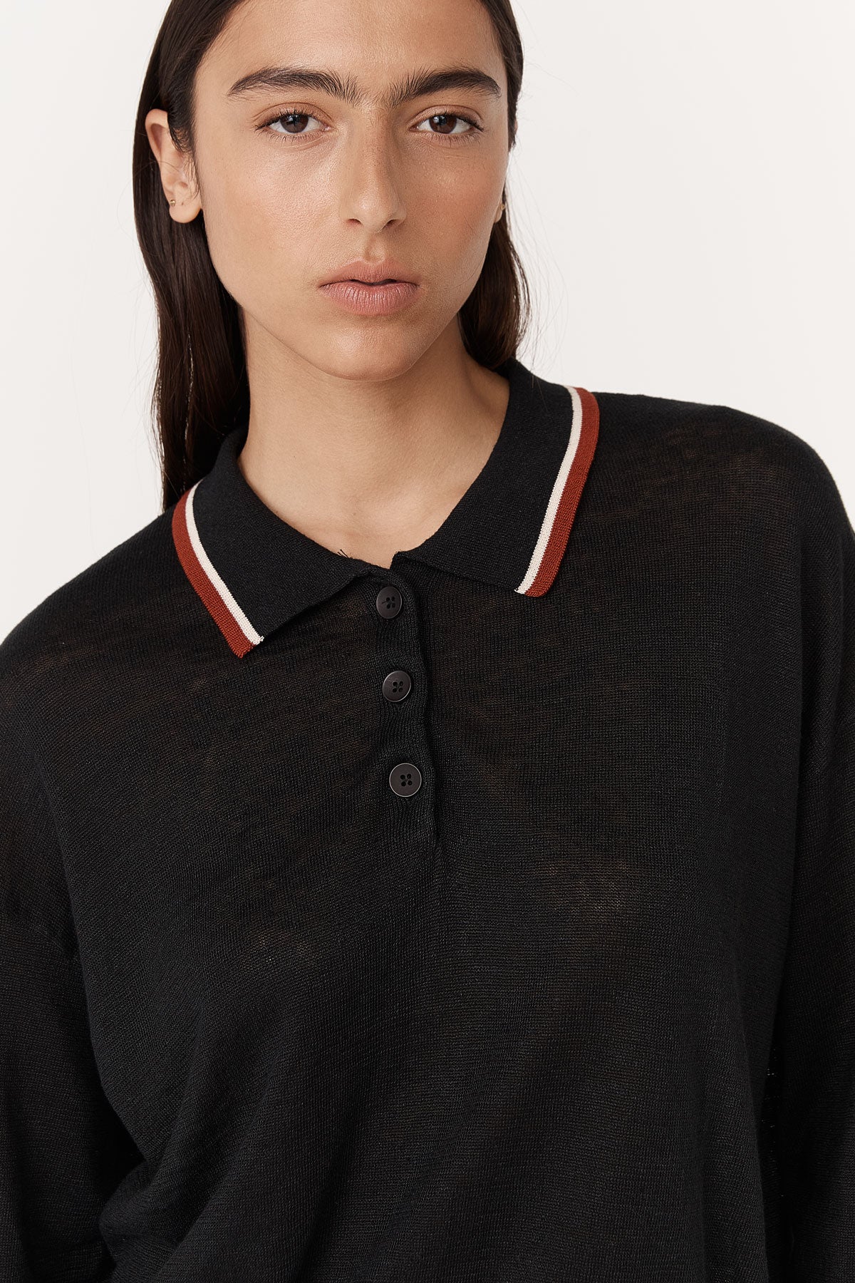 Rowie - Uma Linen Knit Polo Top - Noir