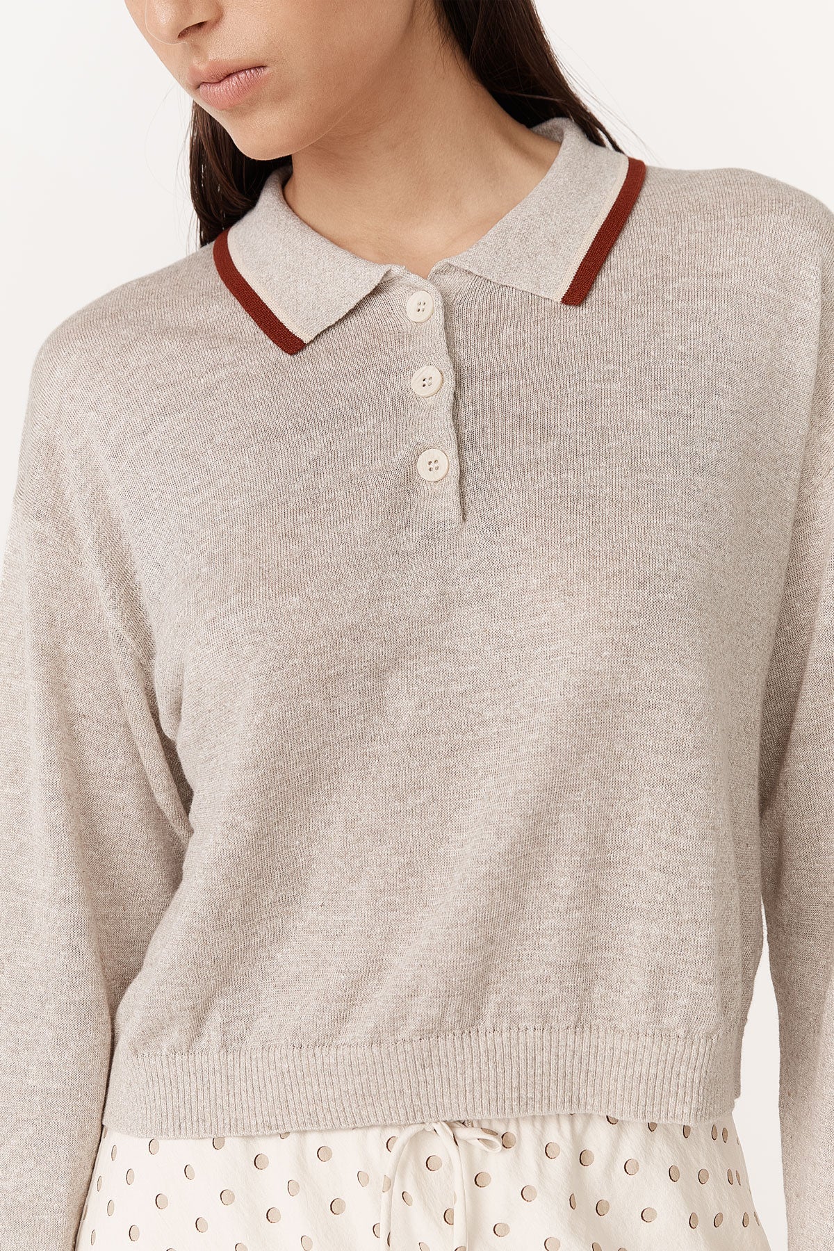 Rowie - Uma Linen Knit Polo Top - Oat Marle