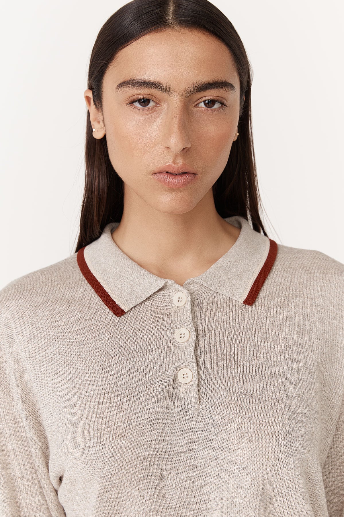 Rowie - Uma Linen Knit Polo Top - Oat Marle