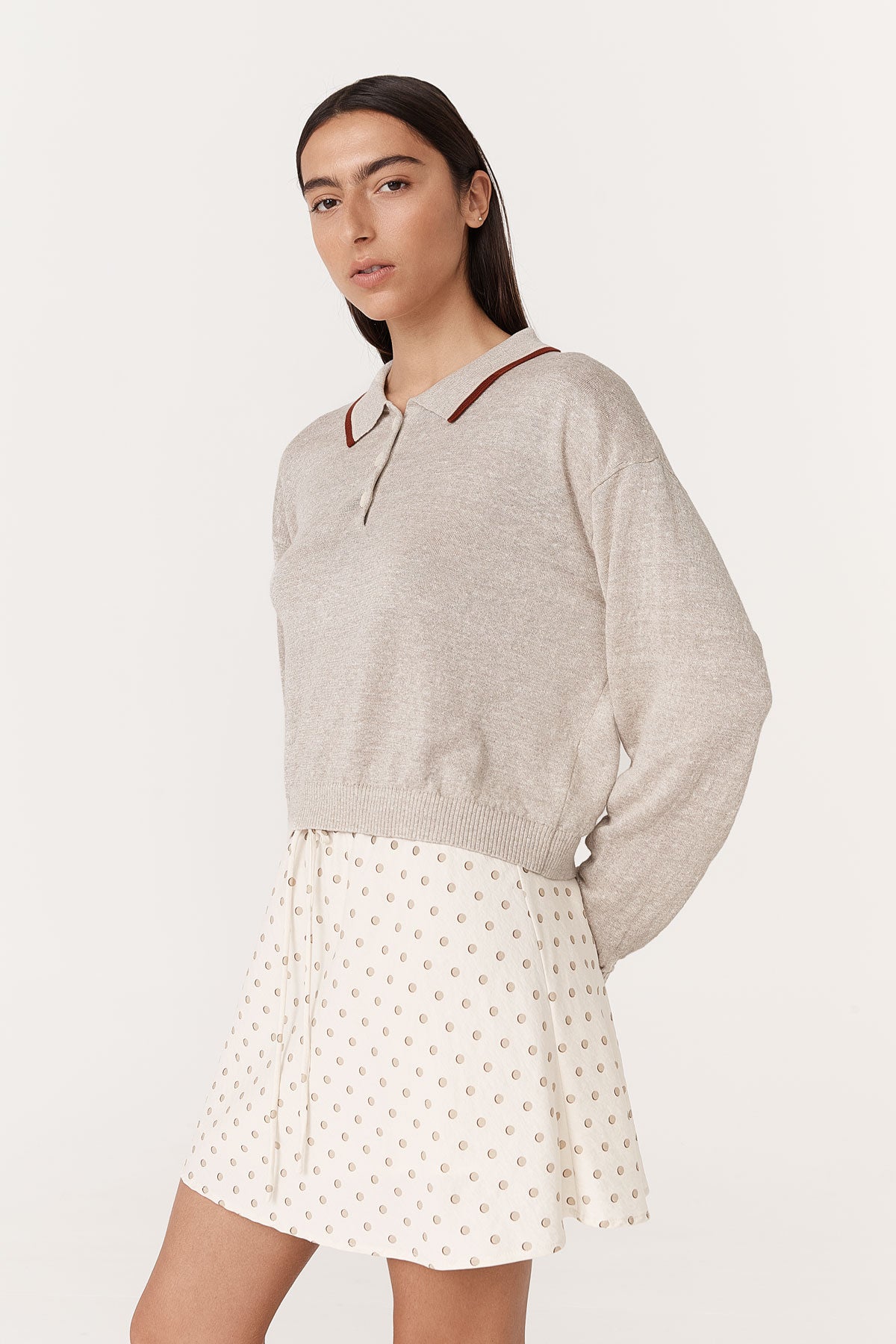 Rowie - Uma Linen Knit Polo Top - Oat Marle