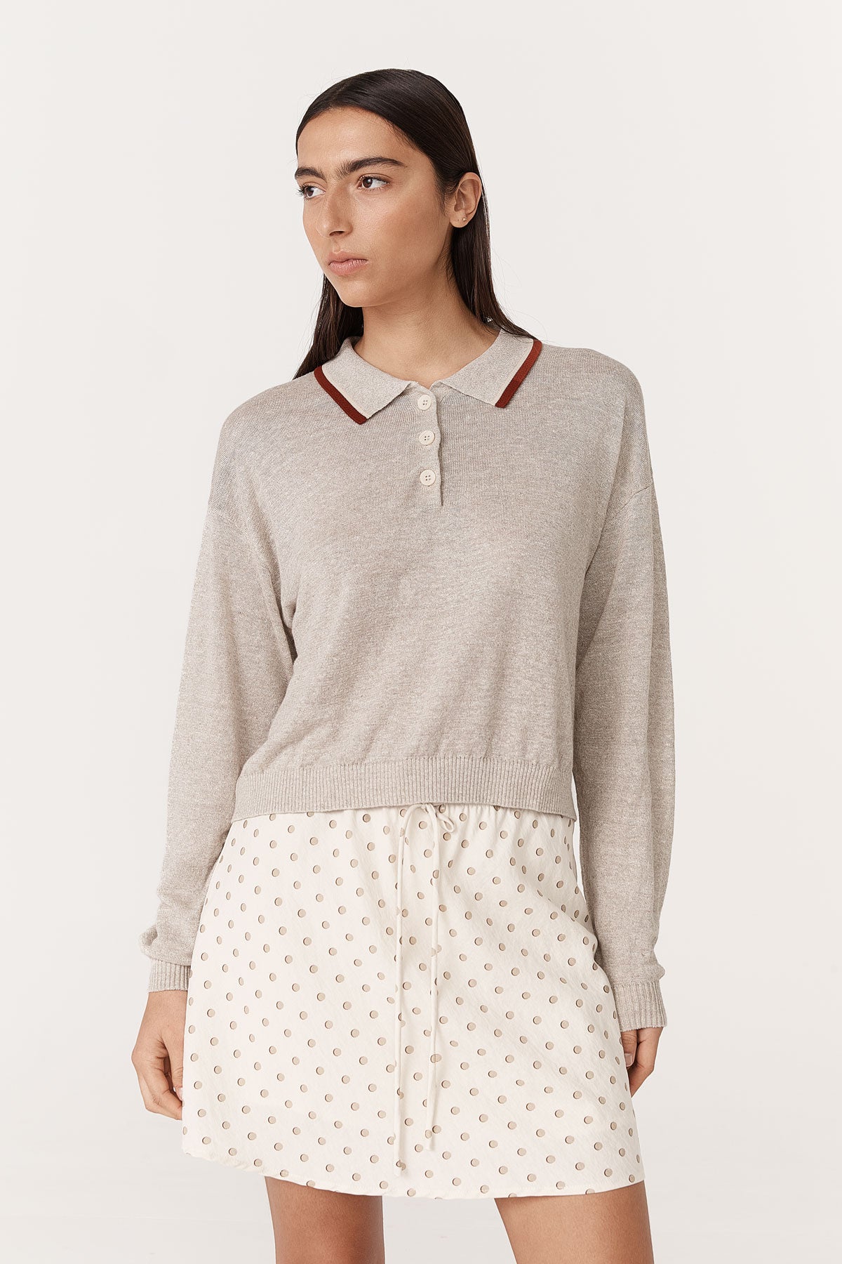Rowie - Uma Linen Knit Polo Top - Oat Marle