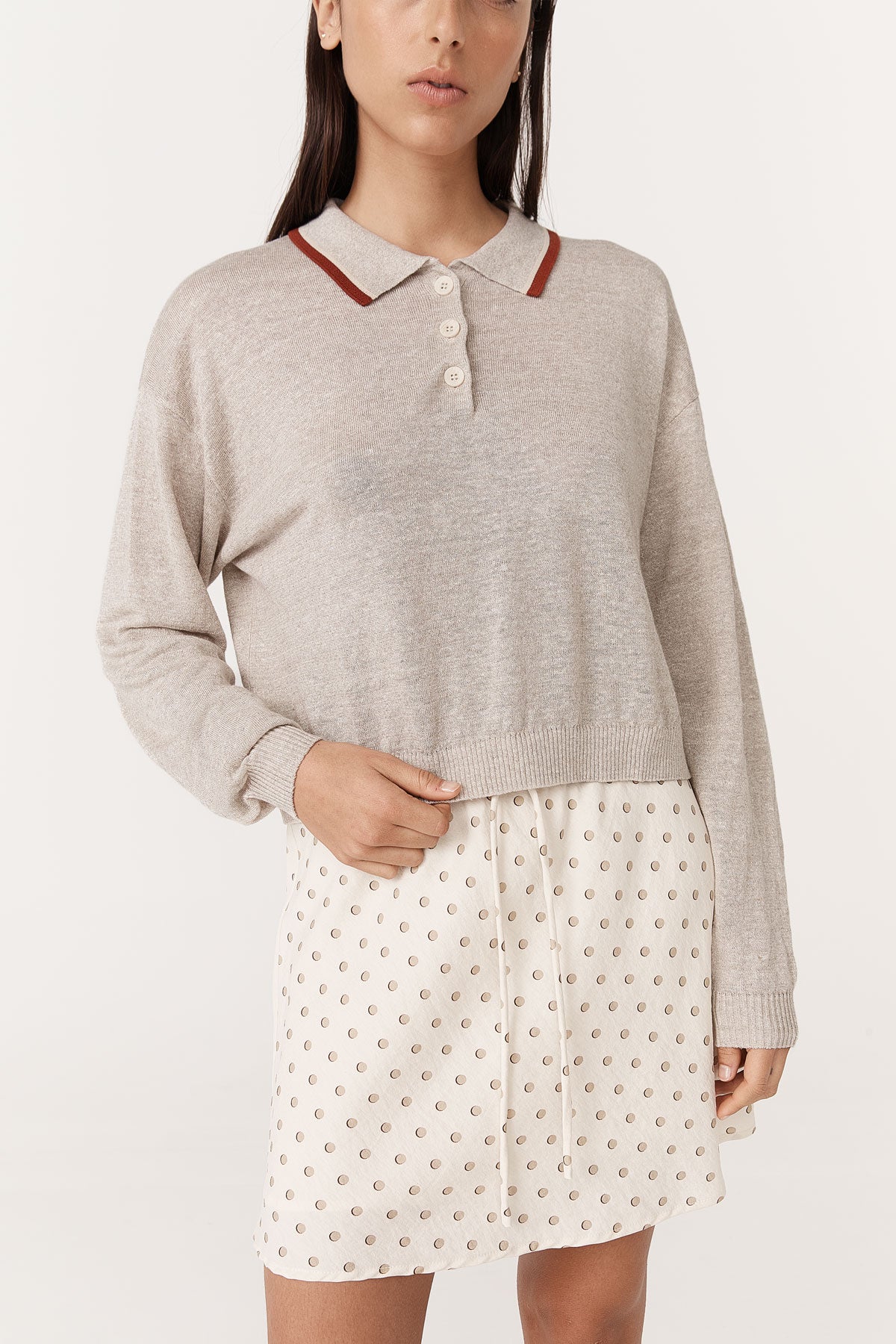 Rowie - Uma Linen Knit Polo Top - Oat Marle