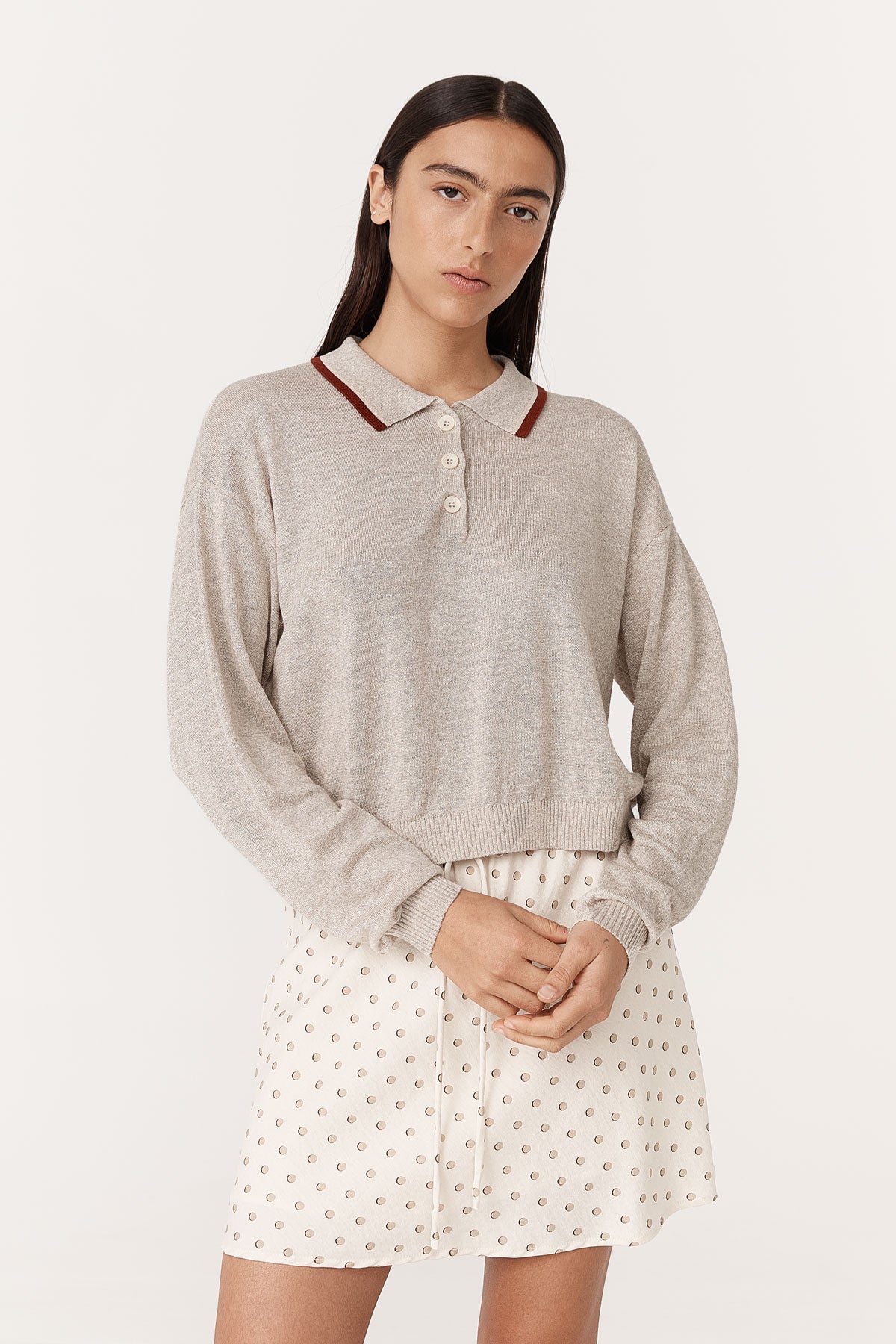 Rowie - Uma Linen Knit Polo Top - Oat Marle