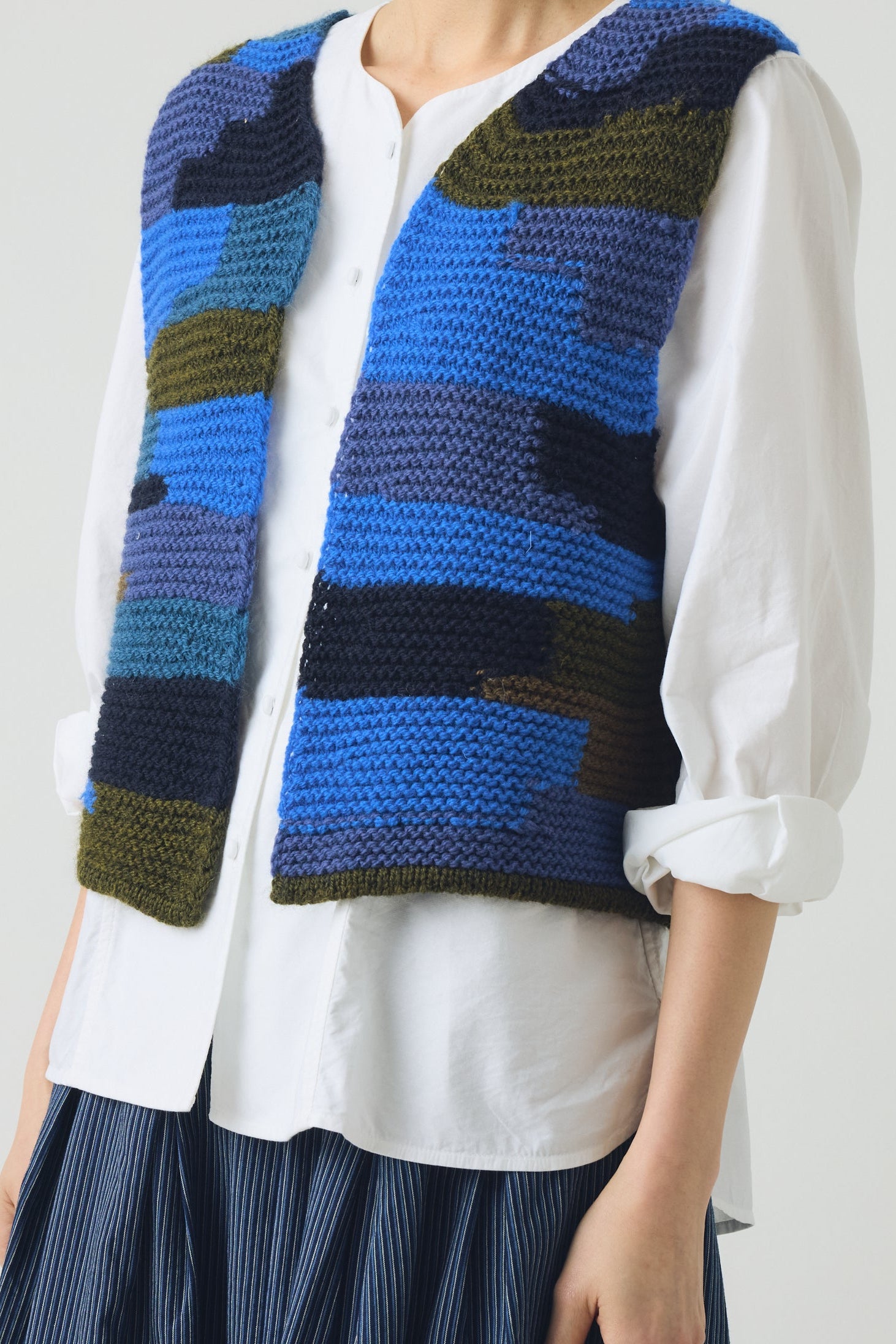 Toast - Patchwork Knitted Wool Gilet - Blue