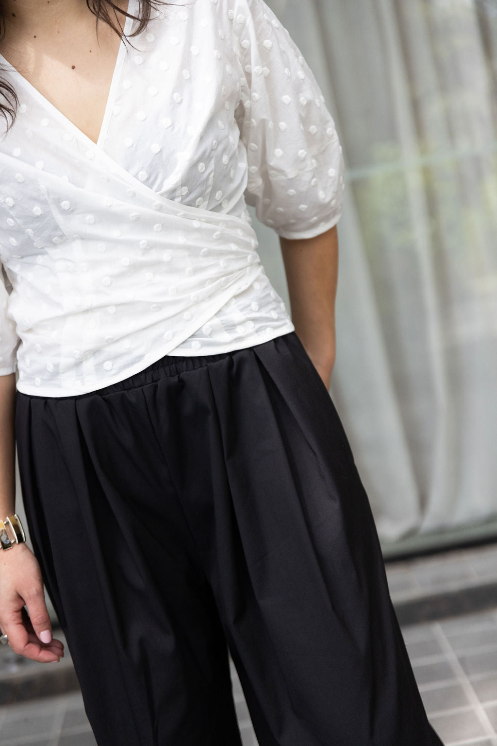 Annie - Maeve Wrap Blouse - White Embroidered Spot