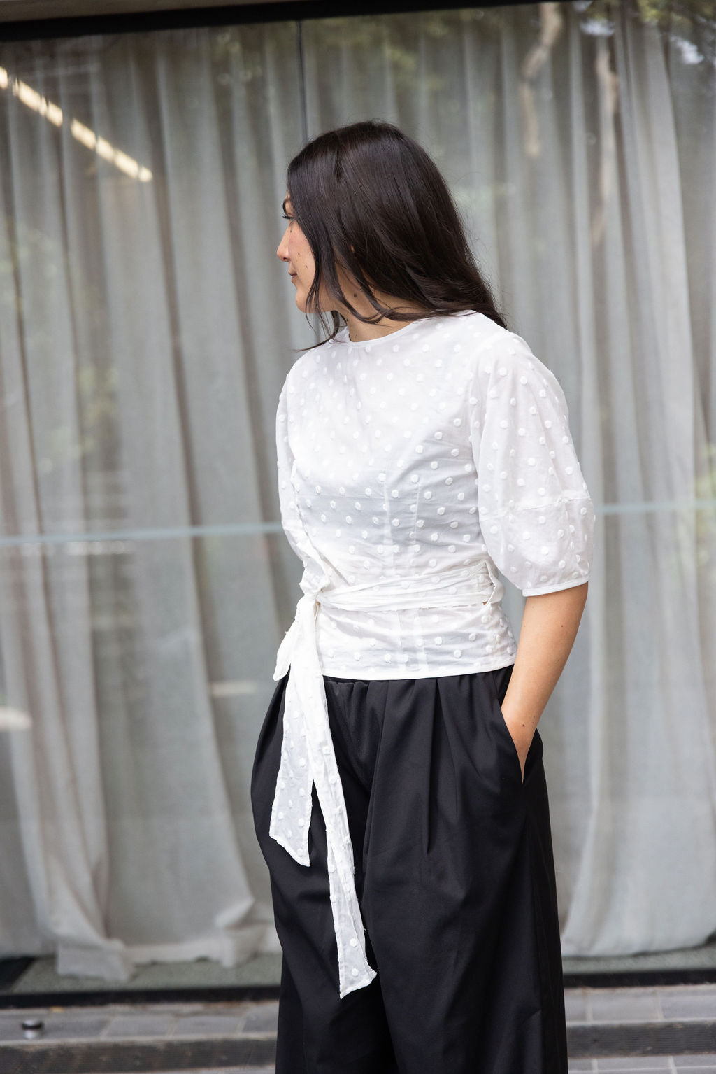 Annie - Maeve Wrap Blouse - White Embroidered Spot