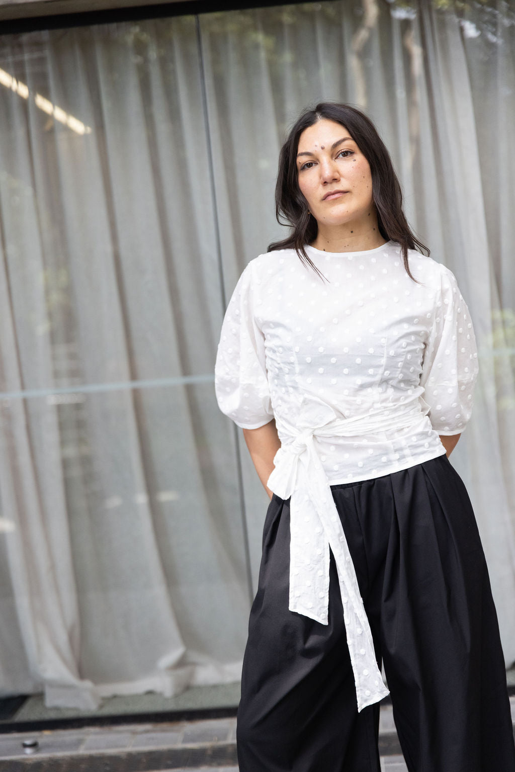 Annie - Maeve Wrap Blouse - White Embroidered Spot