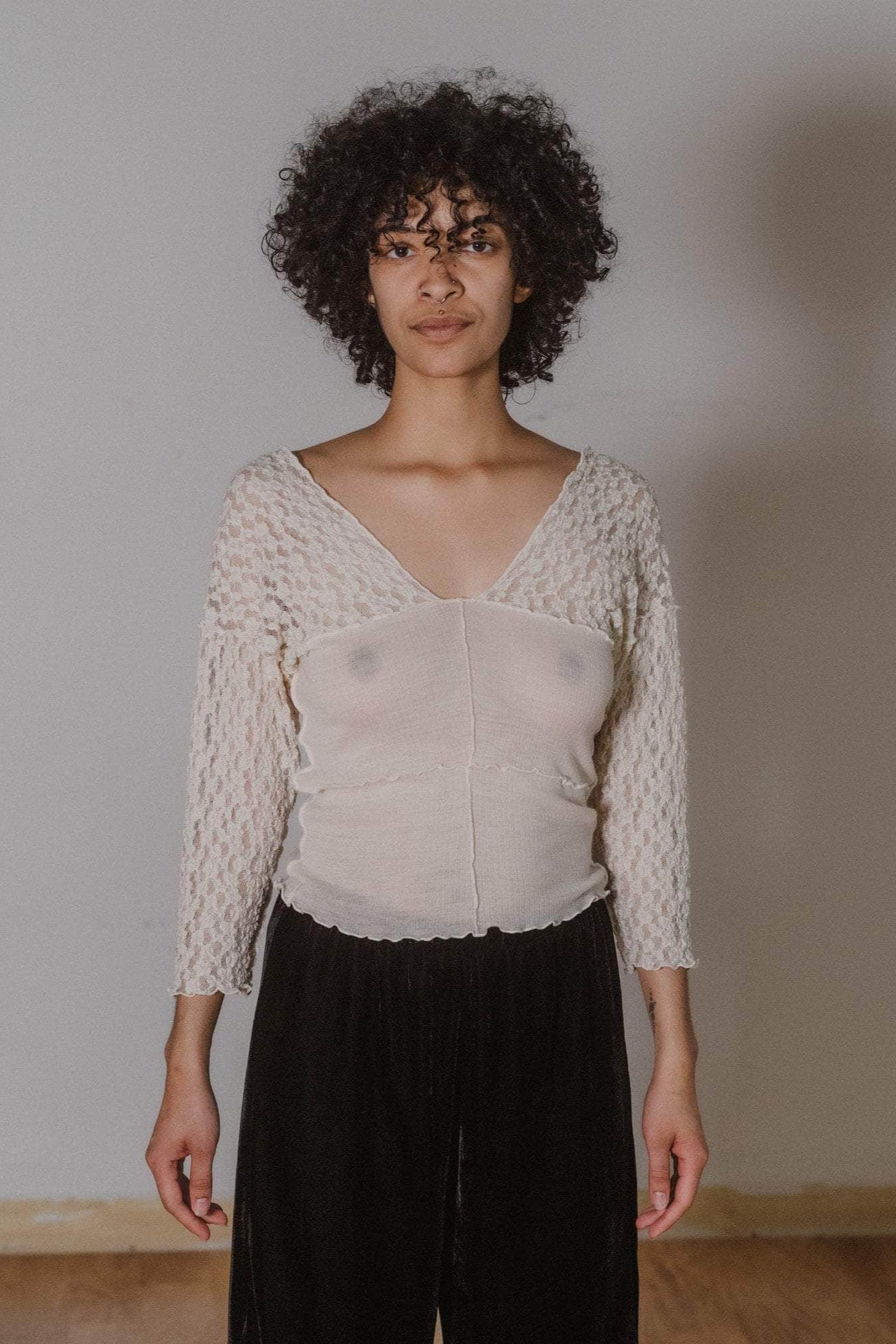 Baserange - Nehru Long Sleeve Tee - Lace & Wool - Undyed