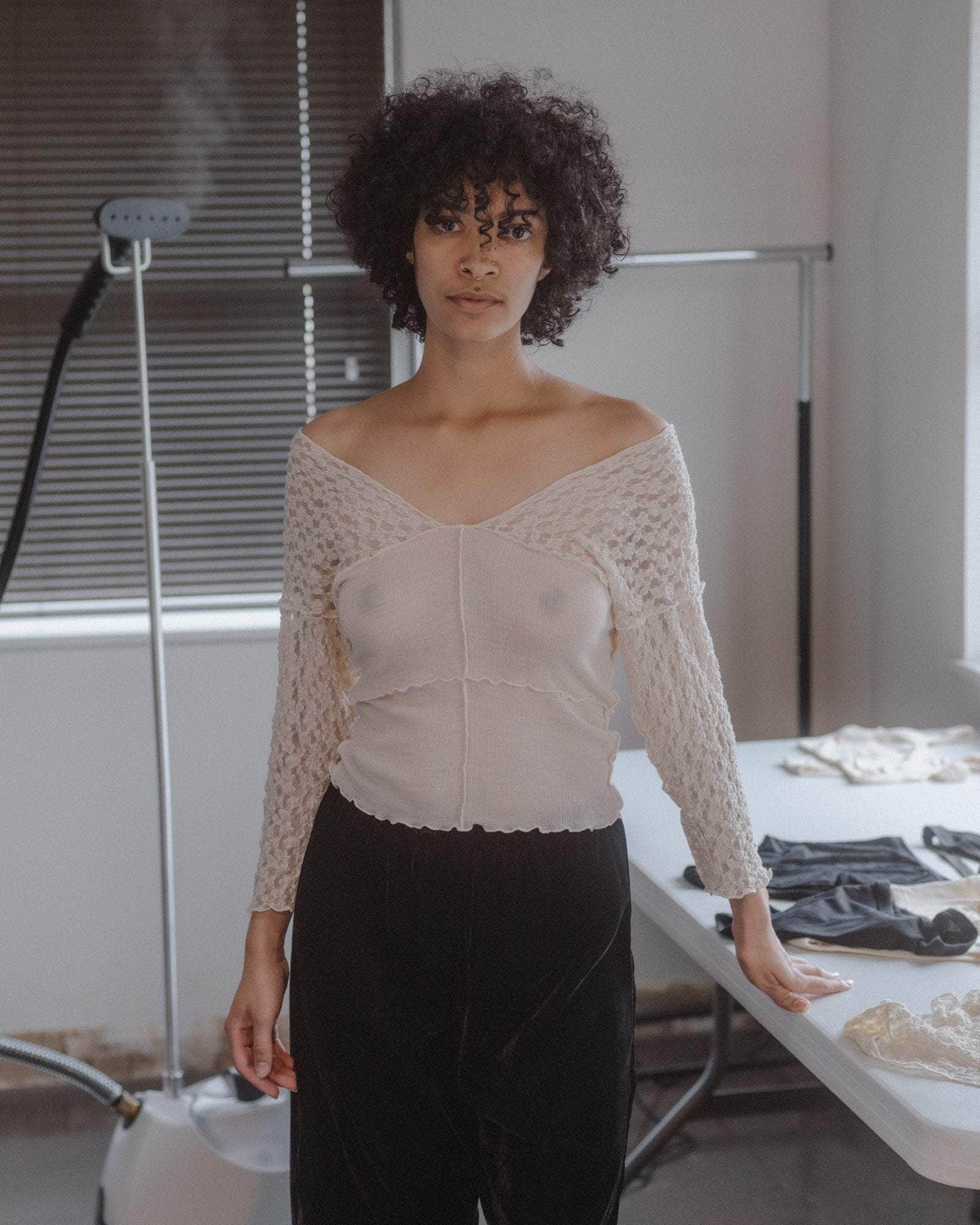 Baserange - Nehru Long Sleeve Tee - Lace & Wool - Undyed