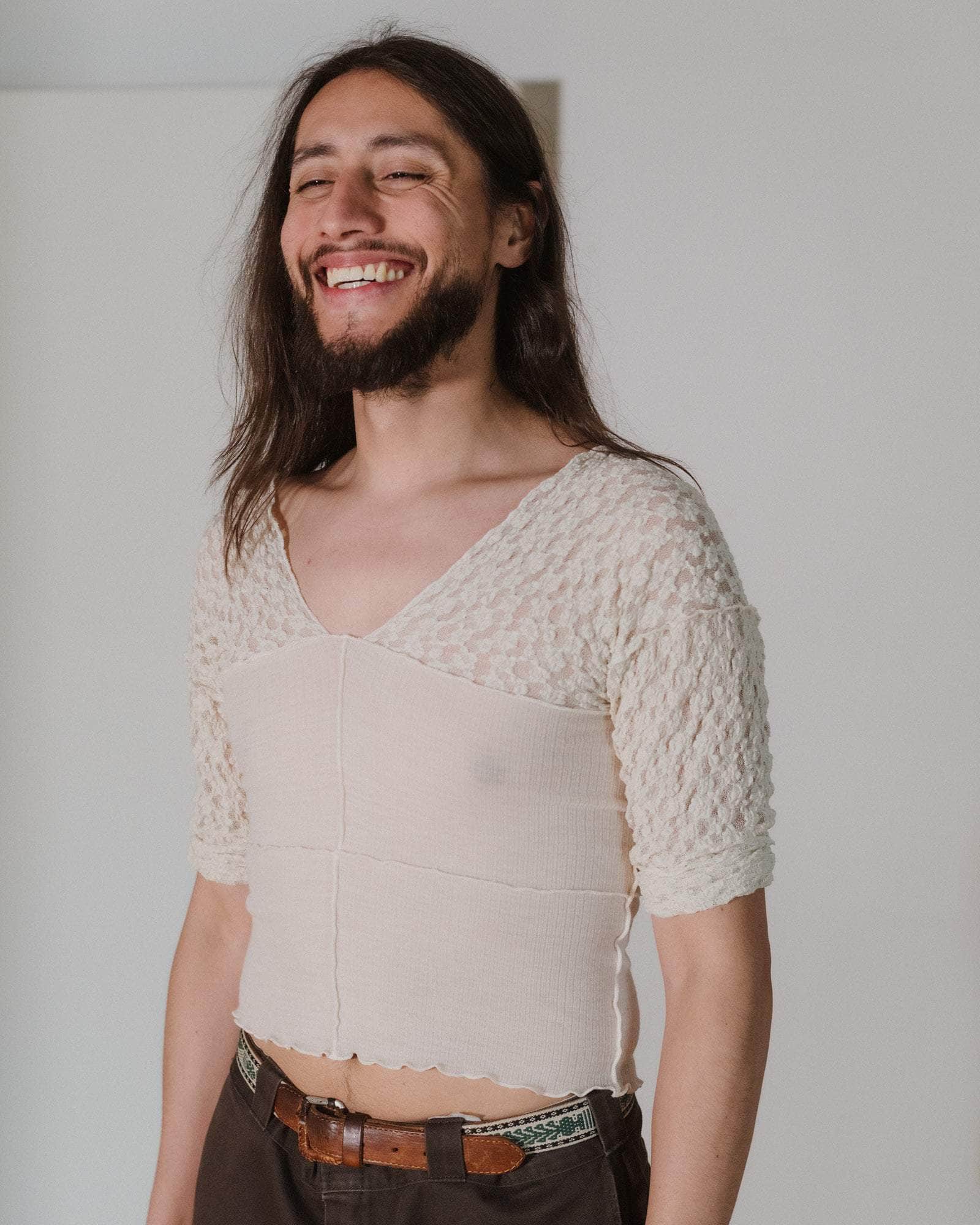 Baserange - Nehru Long Sleeve Tee - Lace & Wool - Undyed