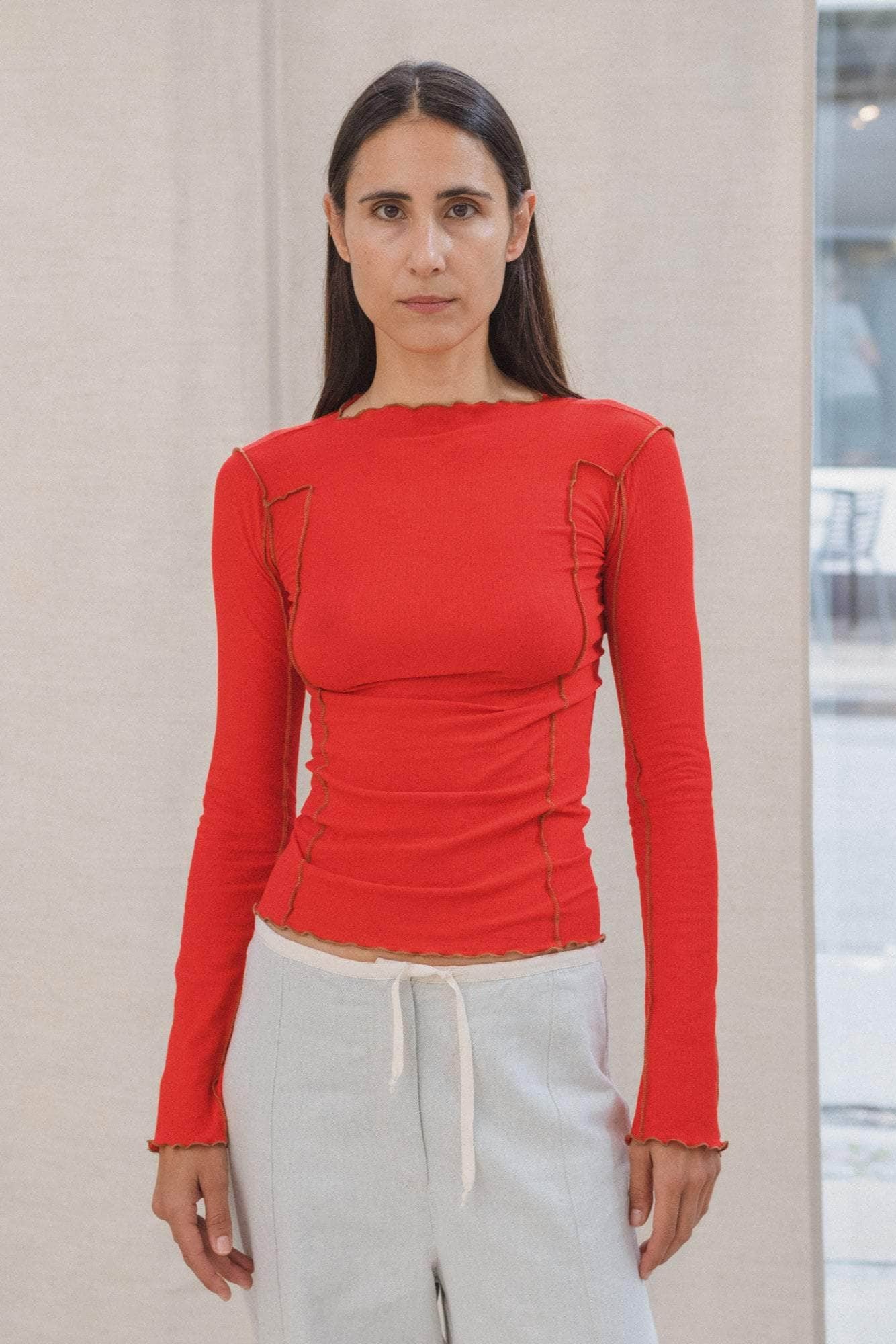 Baserange - Omato Long Sleeve Tee - Fine Organic Cotton Rib - My Red/Brown