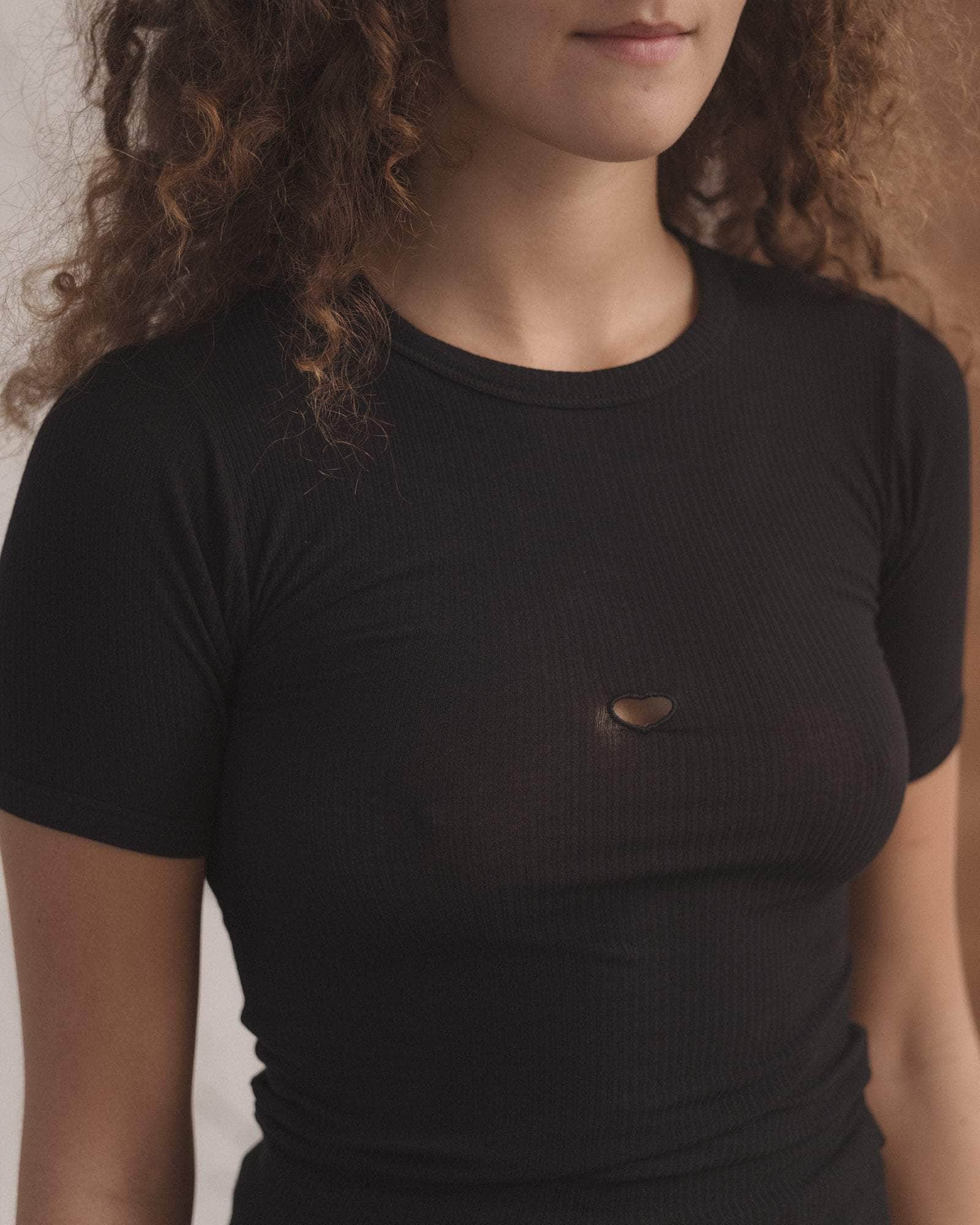 Baserange - Heart Tee Shirt - Fine Organic Cotton Rib - Black