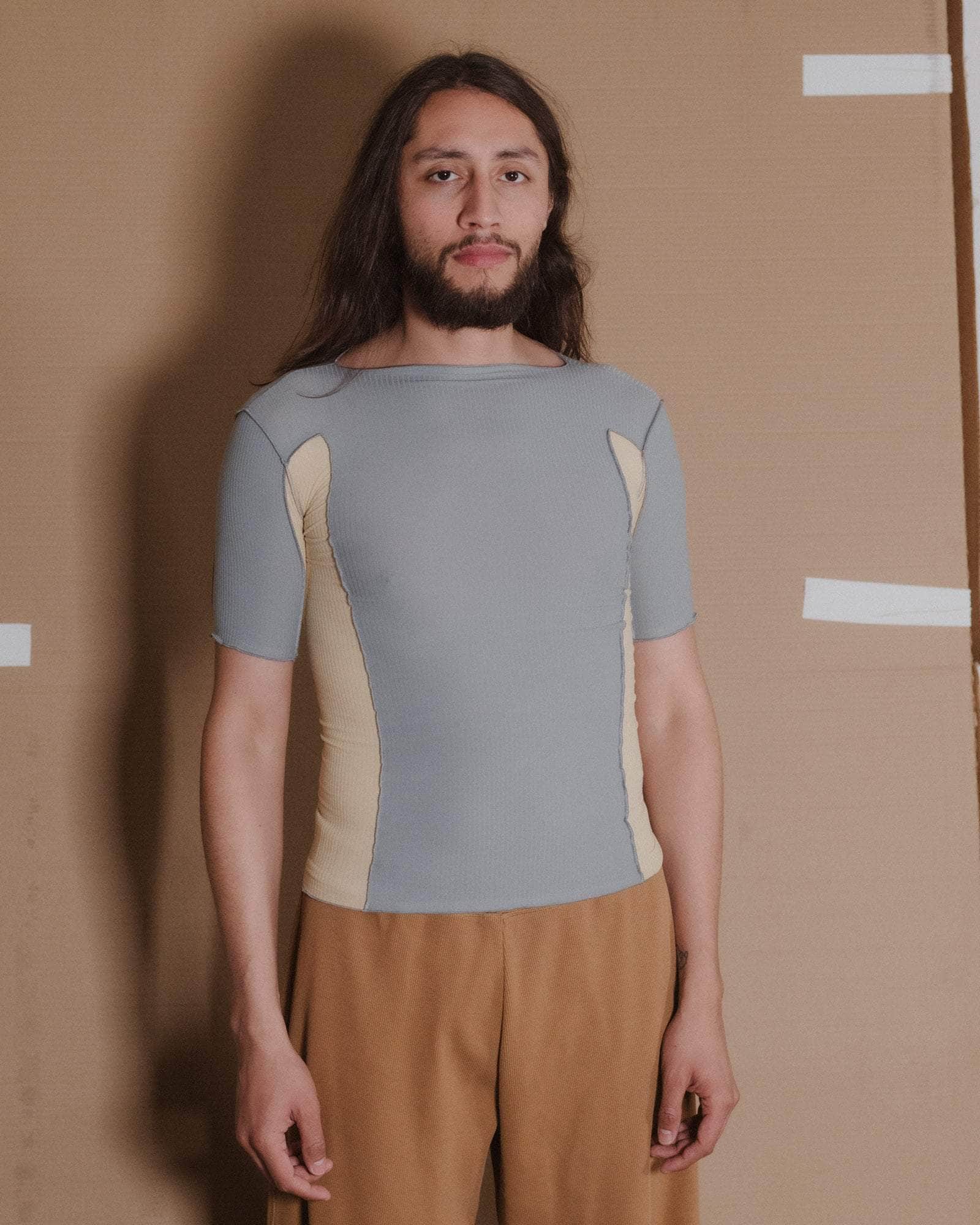 Baserange - Omato 3/4 Tee - Fine Organic Cotton Rib - Bow Blue/Hen Yellow