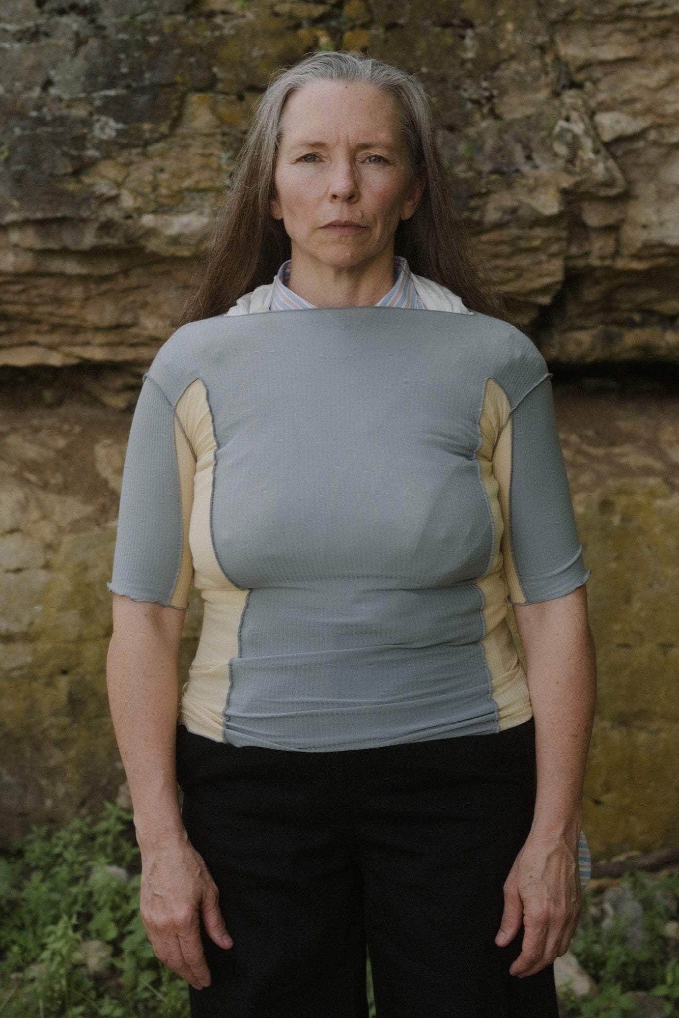 Baserange - Omato 3/4 Tee - Fine Organic Cotton Rib - Bow Blue/Hen Yellow