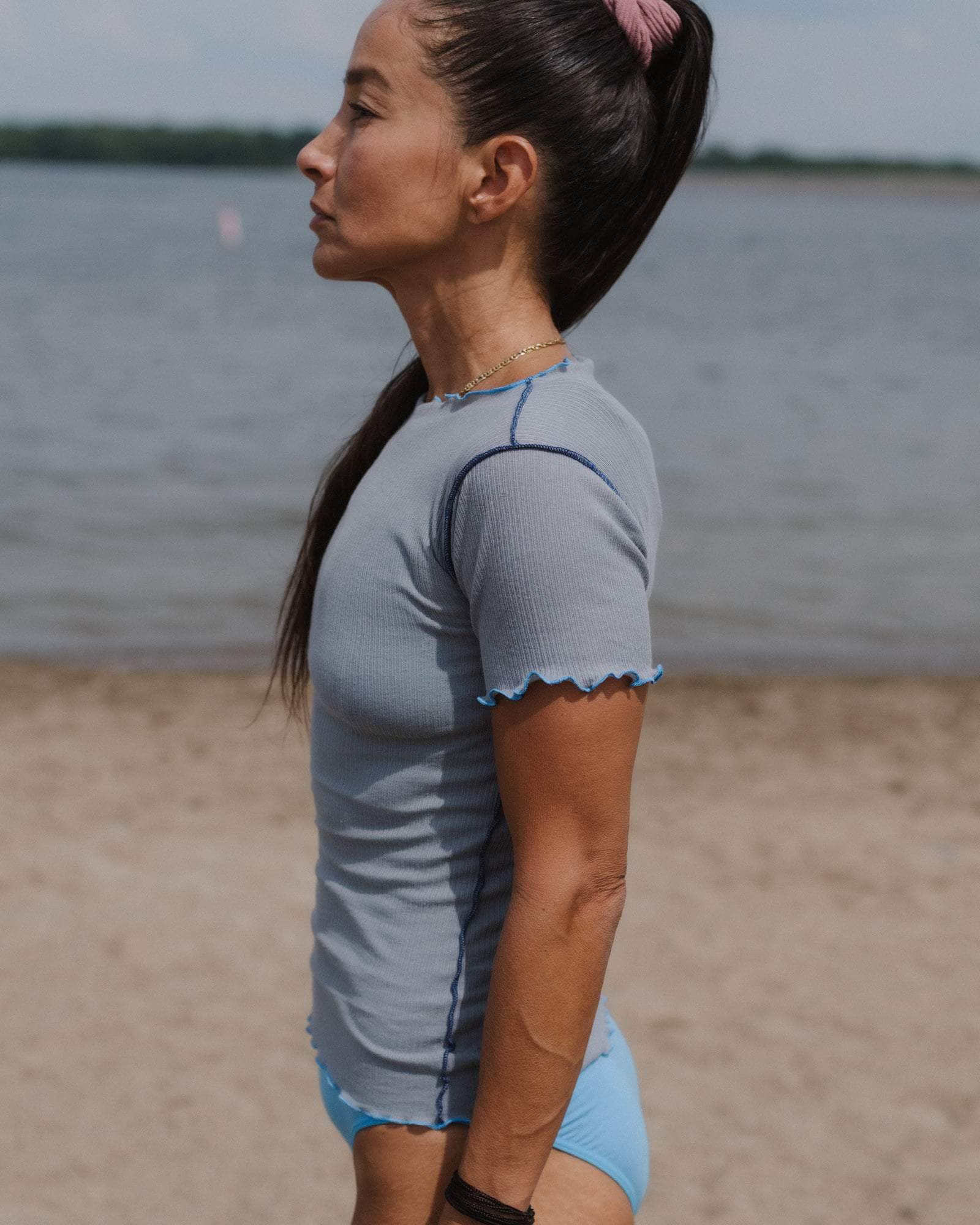 Baserange - Vein Tee Shirt - Fine Organic Cotton Rib - Bow Blue