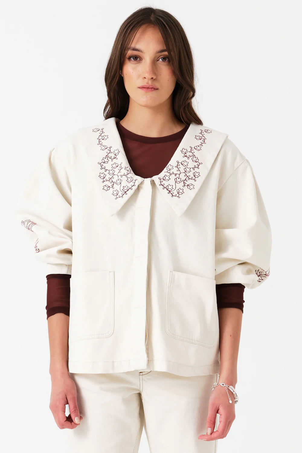 Seventy + Mochi - Neve Flower-Embroidered Denim Jacket - Ecru