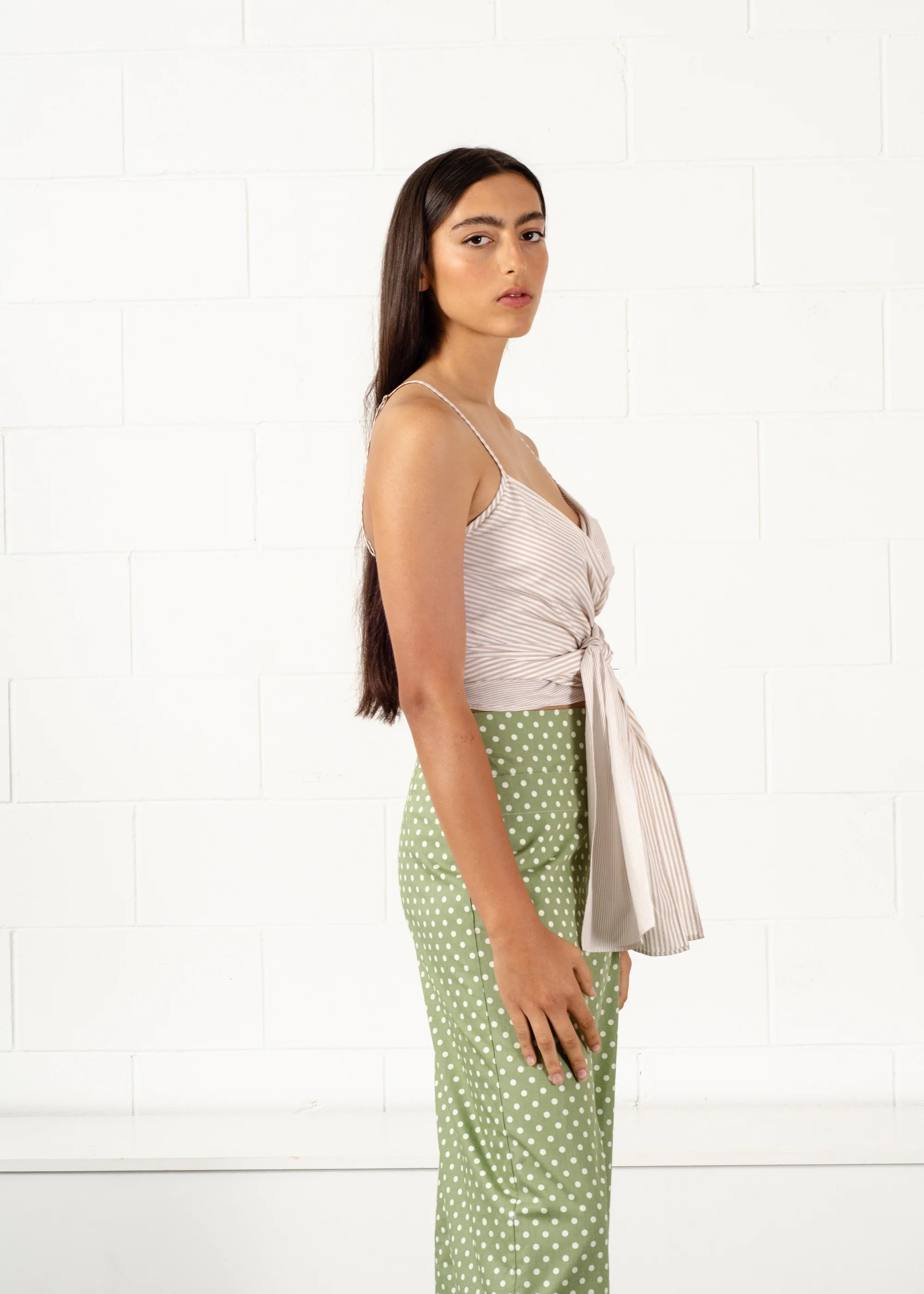 LAST ONE | Penny Sage - Dalton Wrap Top - Sand Stripes