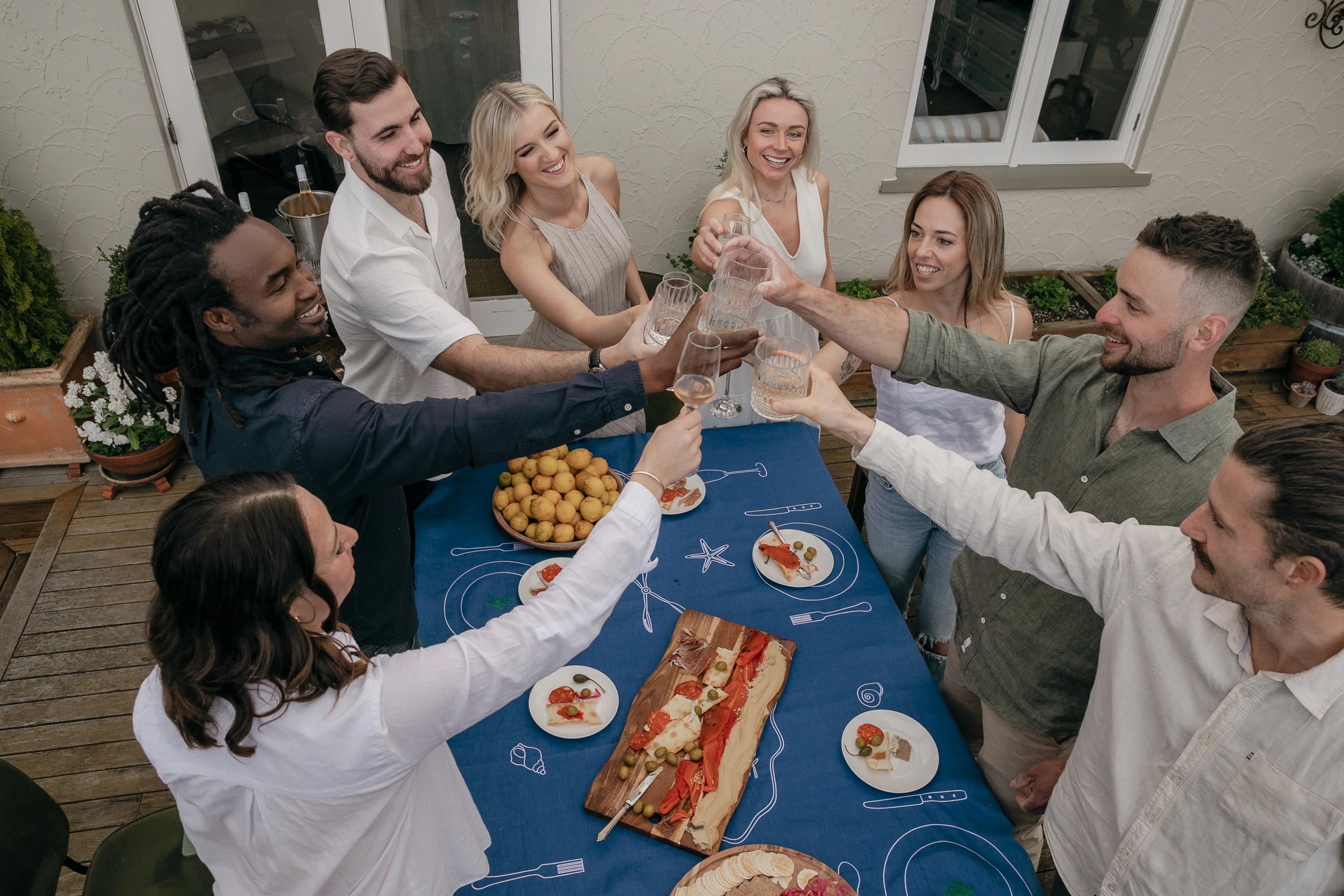 Slow Dine - 100% Linen Embroidered Tablecloth - Sea Blue