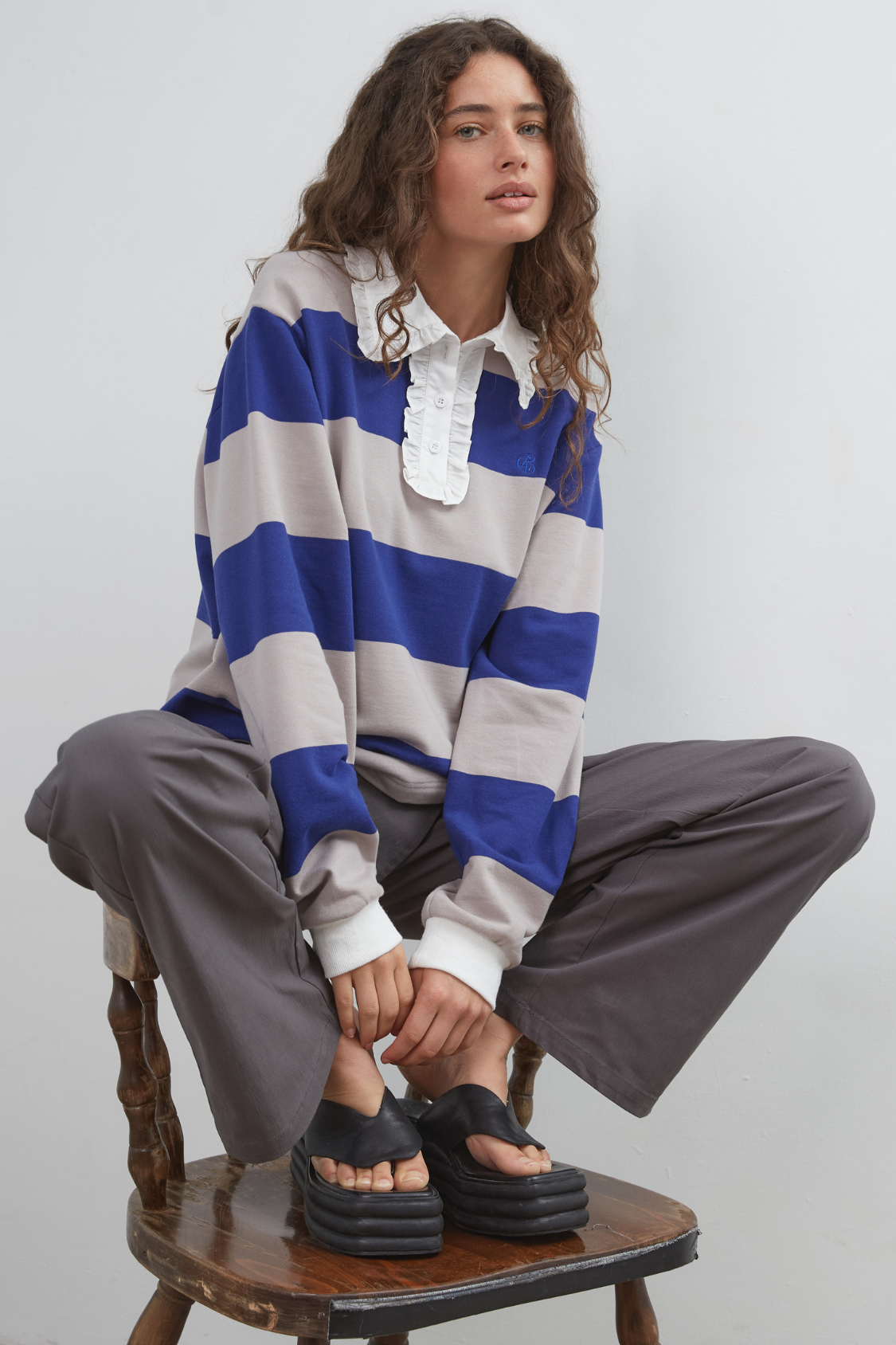 Commonplace - Ocean Frill Polo - Navy Grey White