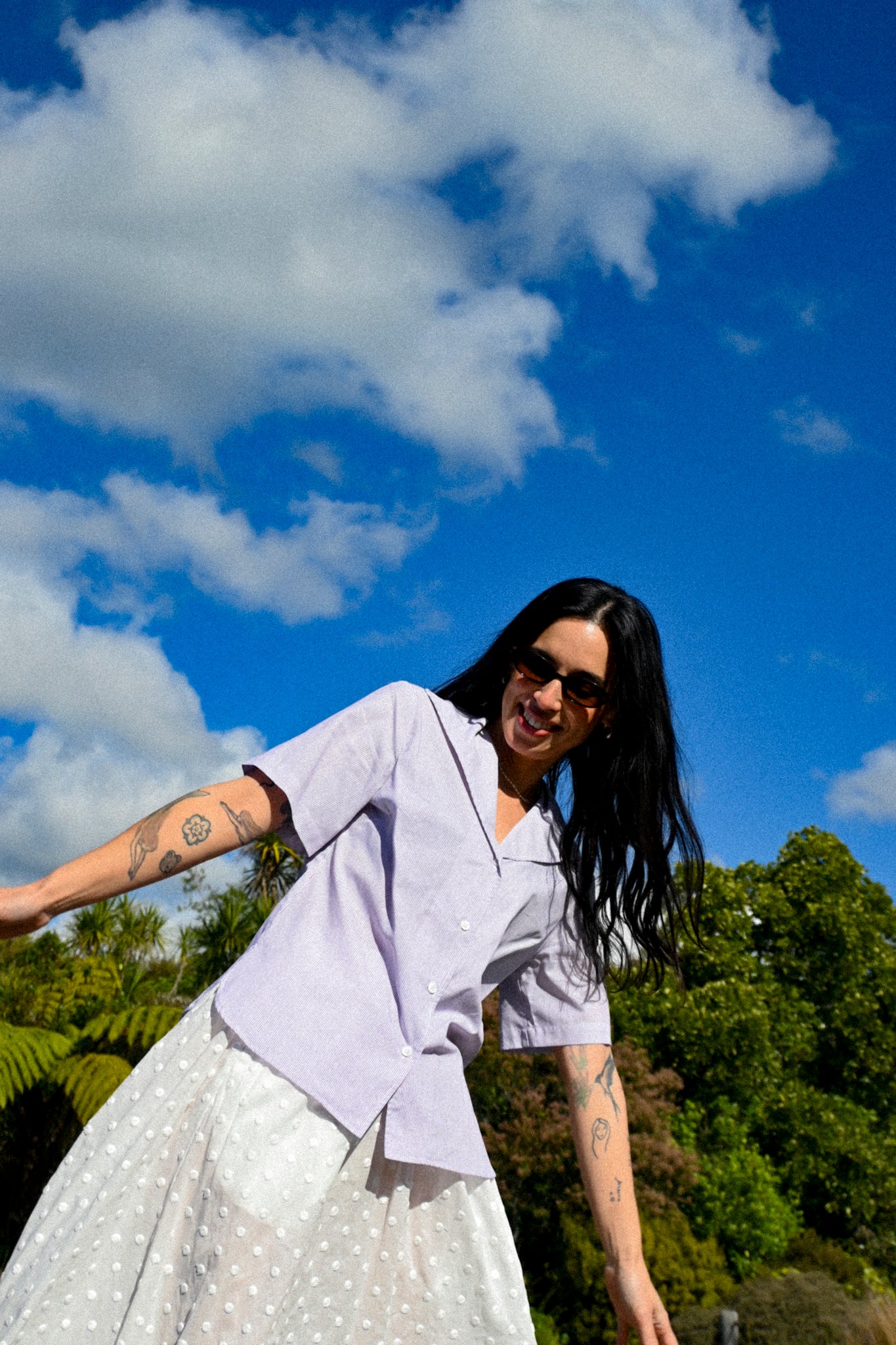 ANNIE - Fold Blouse - Lavender Pinstripe