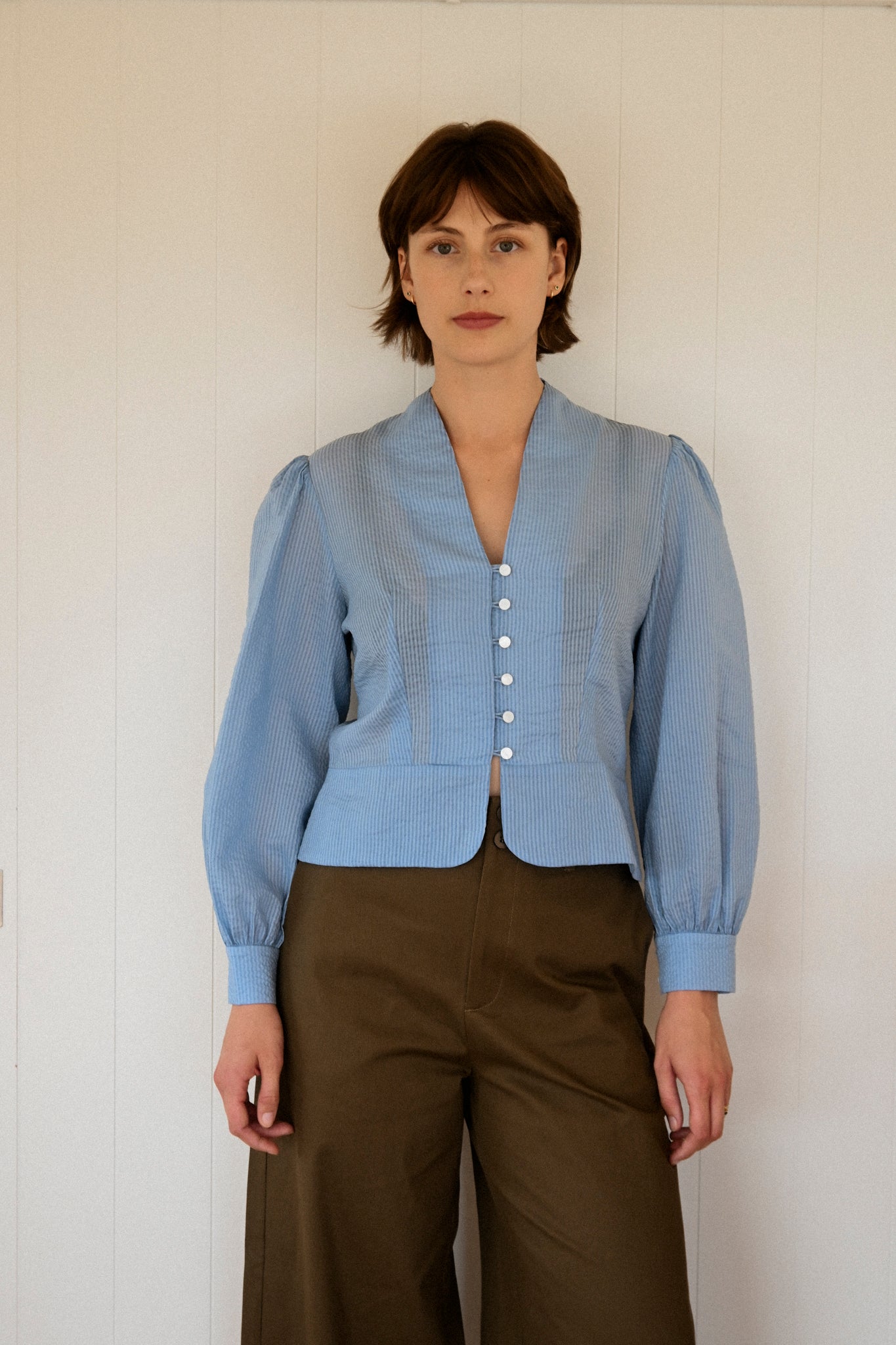 ANNIE - Juliet Blouse - Pale Blue Seersucker