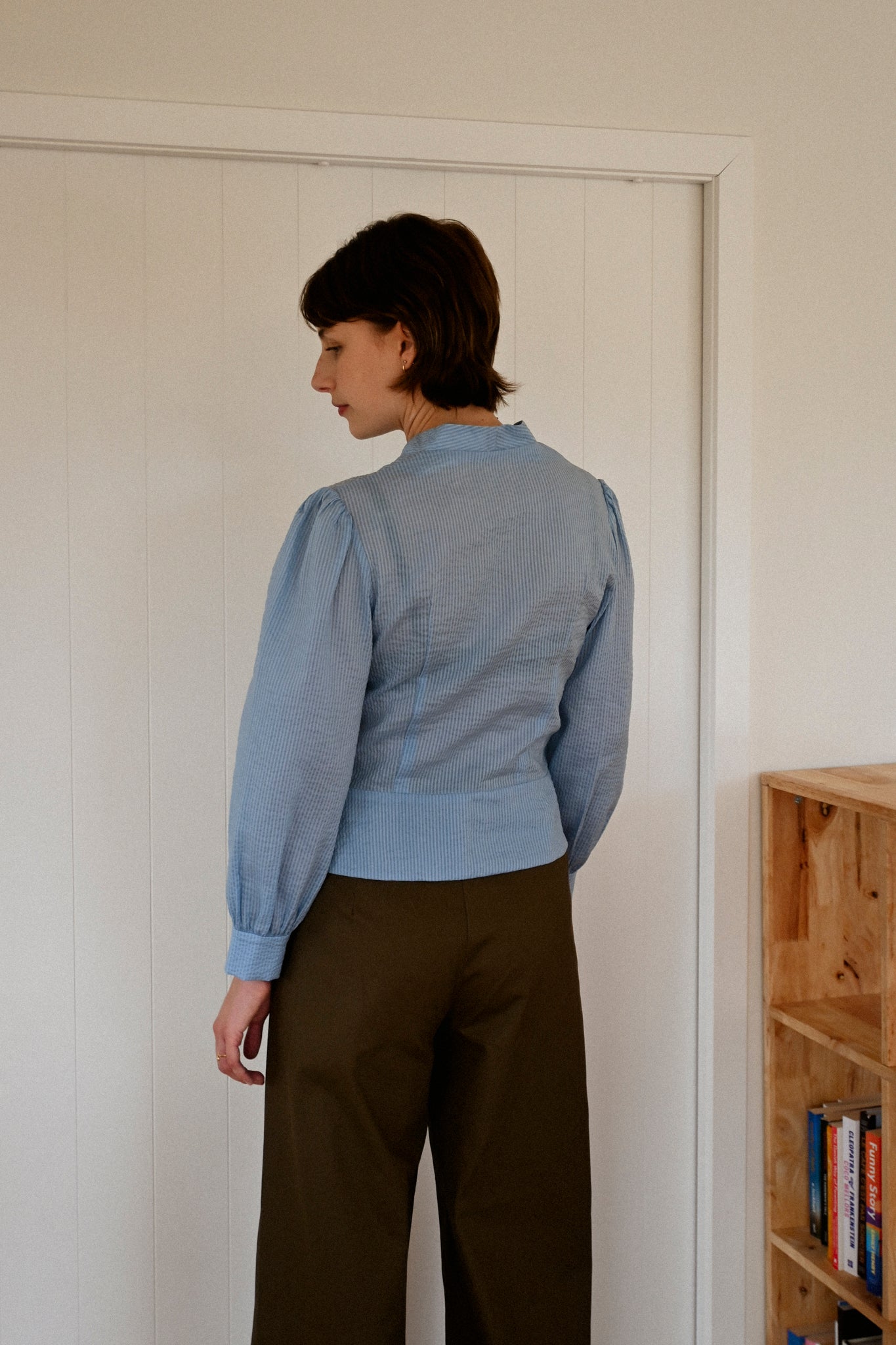ANNIE - Juliet Blouse - Pale Blue Seersucker